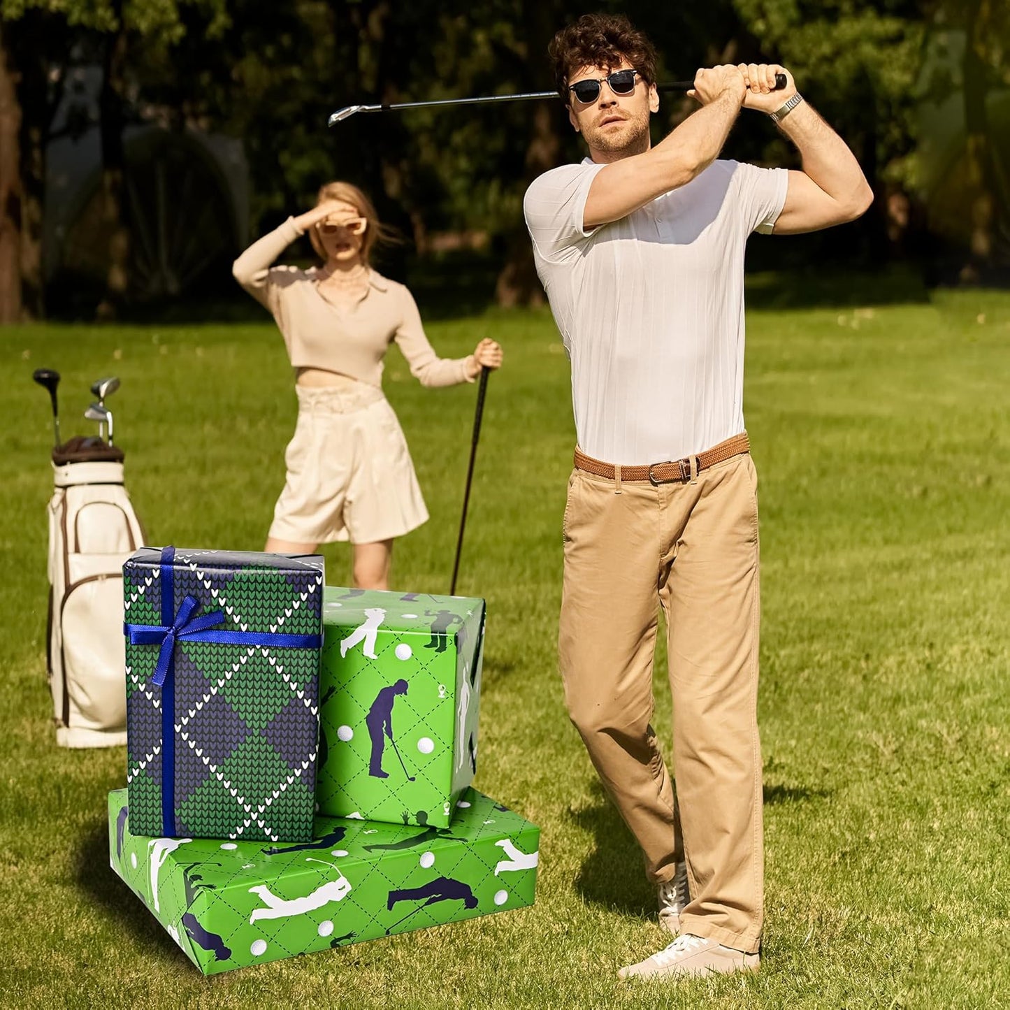 Altarho Golf Wrapping Paper Roll for Boys Women Men - Green Golf and Textile Print Plaid Design Sports Gift Wrap Sheets for Birthday Father's Day Team Party Supplies Total 28.5sq.ft