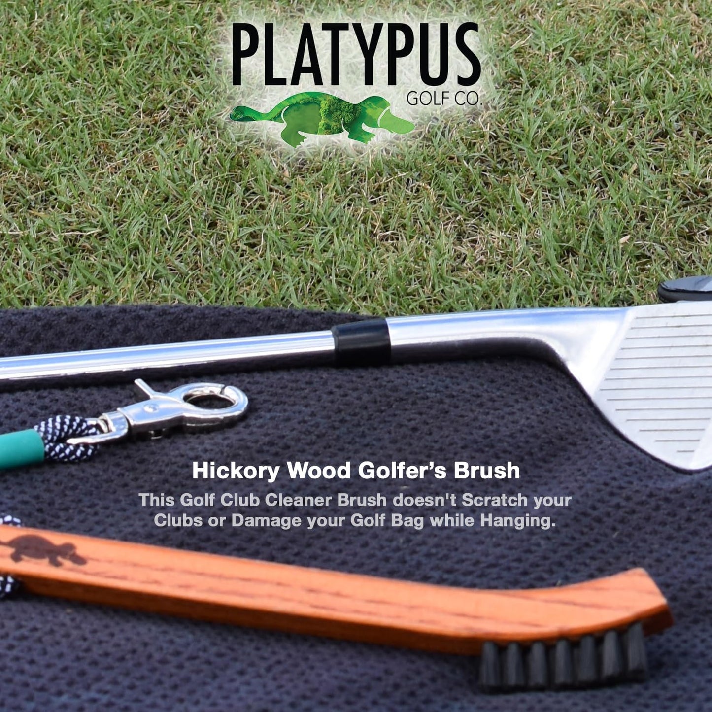 Platypus Golf Co. Hickory Wood Golf Club Brush & Non-Slip Groove Cleaner with Stiff Nylon Bristles, Paracord Rope & Stainless Steel Metal Clip, for Cleaning Grooves on Clubs, Fits Any Golfer's Bag
