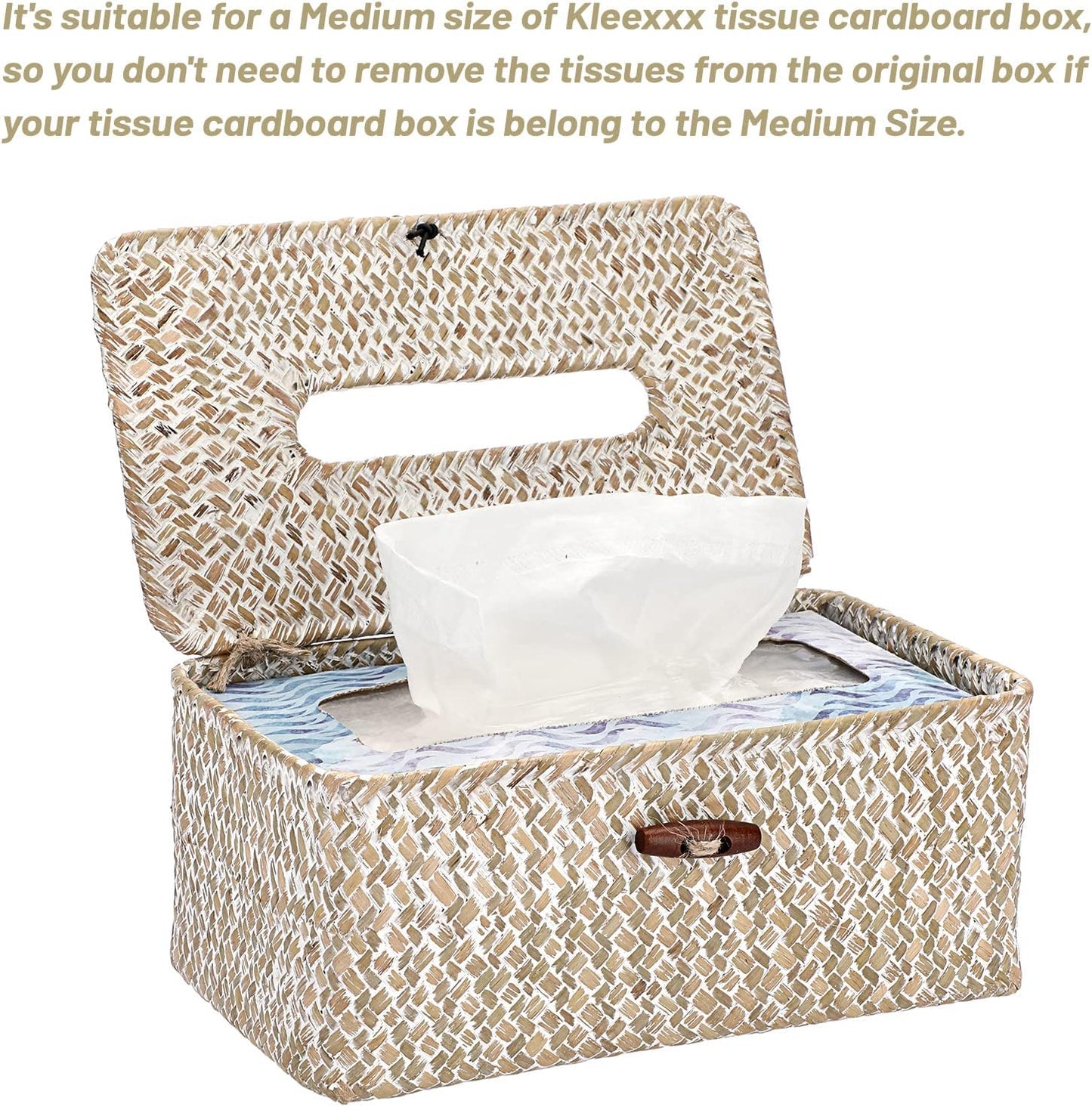 Sumnacon Rectangle Natural Seagrass Tissue Box Cover,Woven Tissue Box with Bottom,Farmhouse Tissue Box Holder for Living Room Bathroom Vanity Toilet Table Desk Countertop Office Car,Whitewash