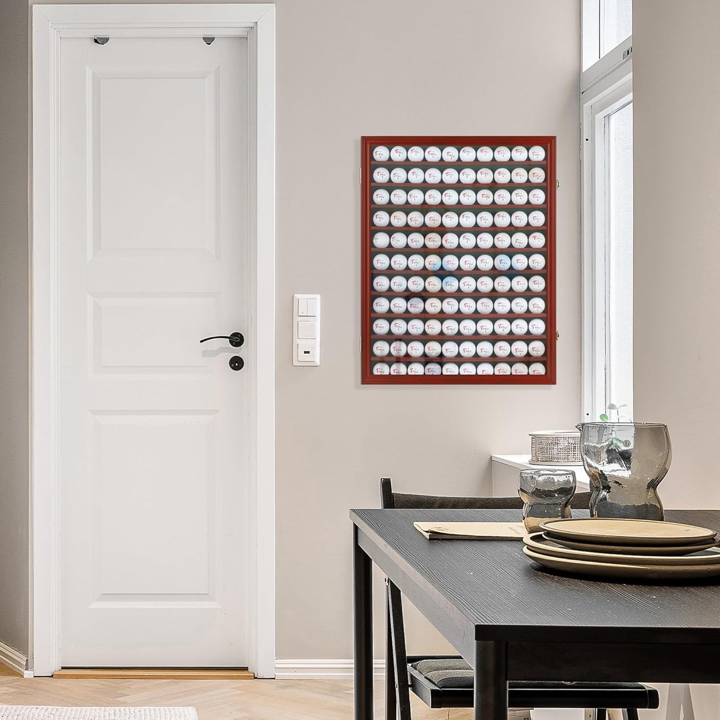 DisplayGifts 110 Golf Ball Display Case Wall Cabinet Holder Shadow Box Acrylic Door UV Protection Cherry Finish