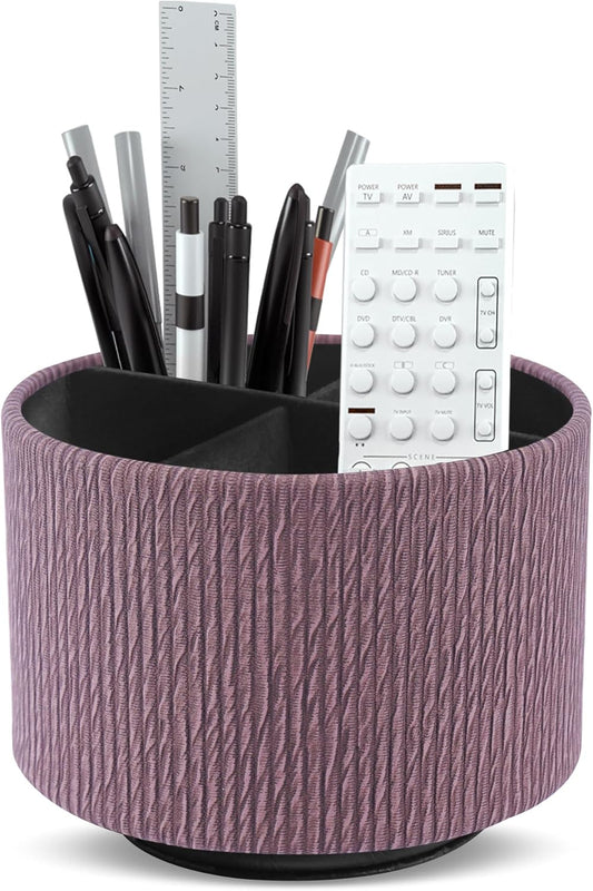 Hennaja Round Leather Art Supply Organizer,Remote Control Holder,360 Degree Spinning,Multi-Functional Pencil Holder,4 Compartments Desktop Stationary Organizer(1-Wood Soil)