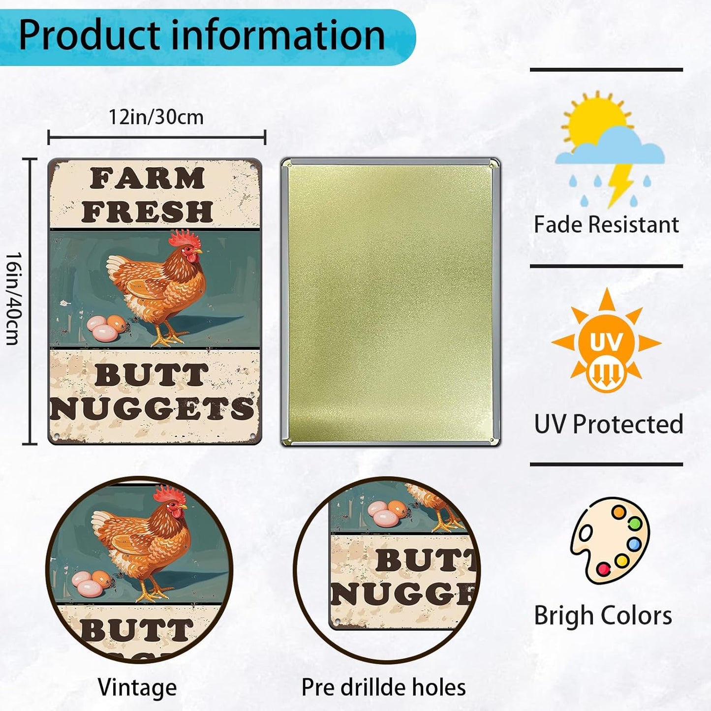 Chicken Coop Sign Farm Fresh Butt Nuggets Tin Sign Plaque Metal Poster 12x16 Inch Wall Decor