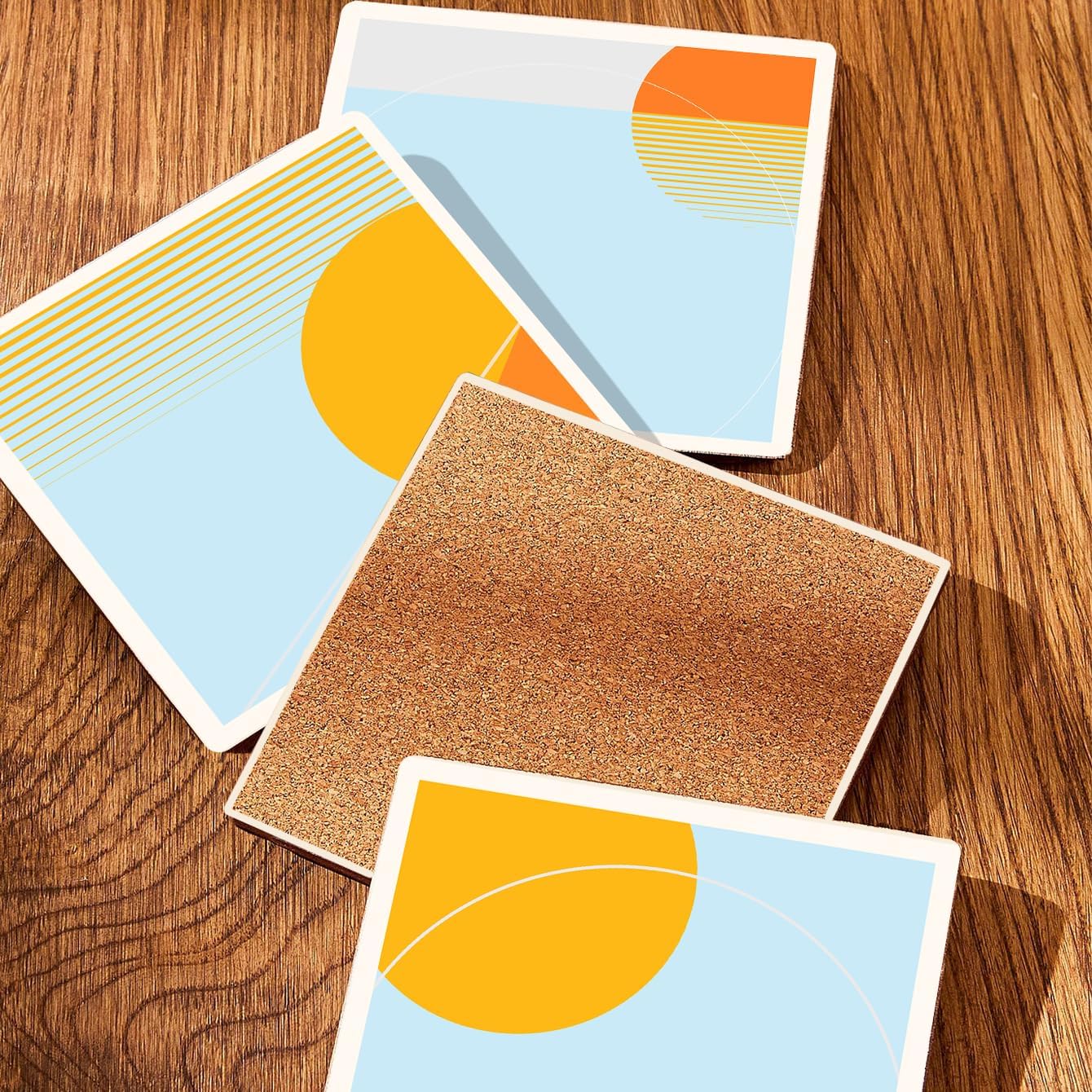 MAYCARI Abstract Sun Coasters Set of 6 Cork Backed Artistic Coasters with Metal Holder Minimalist Aesthetic Ceramic Surface Drink Cup Mats for Tabletop Protection Modern Desk Decoration Birthday Gifts