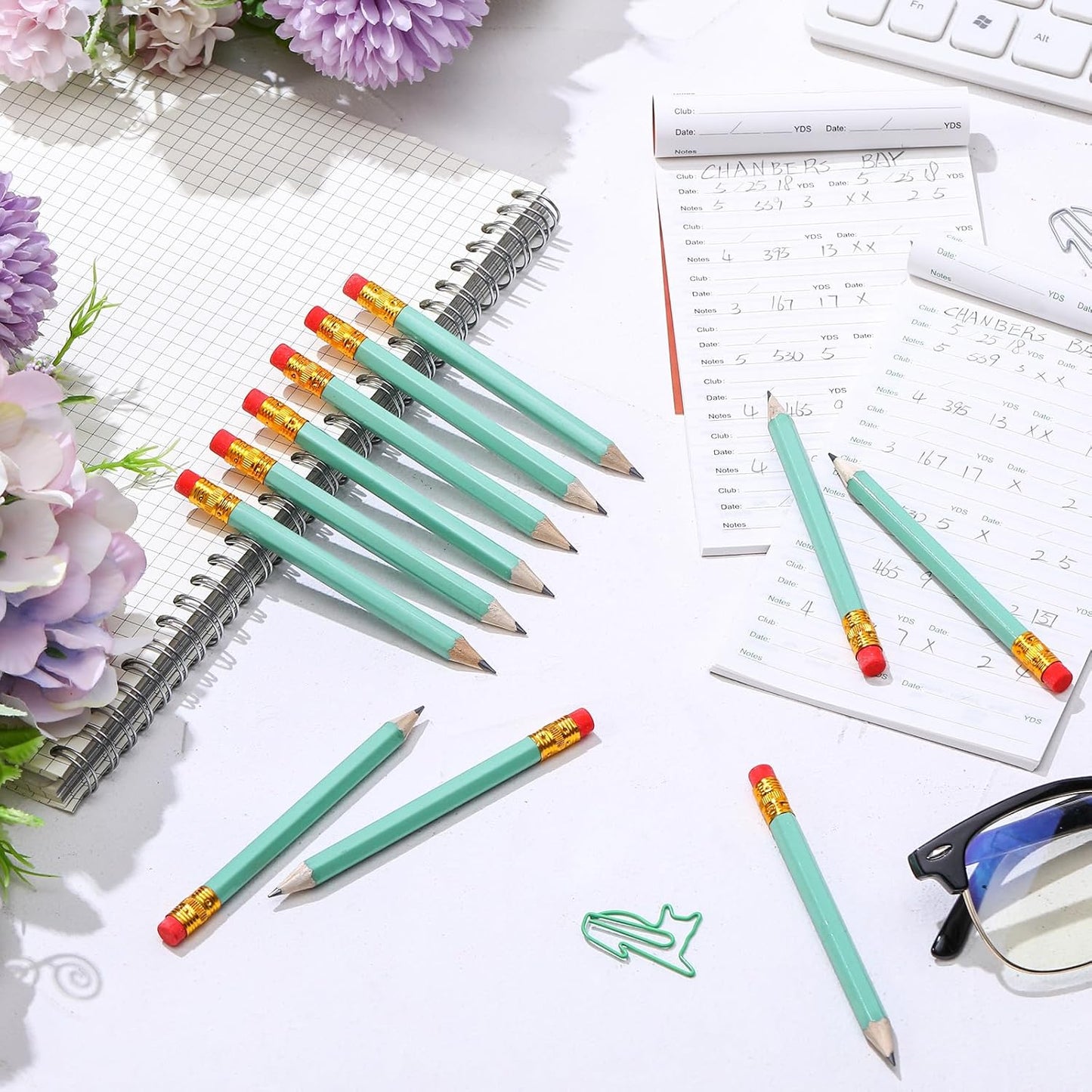 Outus 144 Pcs Mini Golf Pencils Bulk Half Pencils with Eraser #2 HB Pre Sharpened for Party Favors Office Supplies 4 Inch(Sage Green)