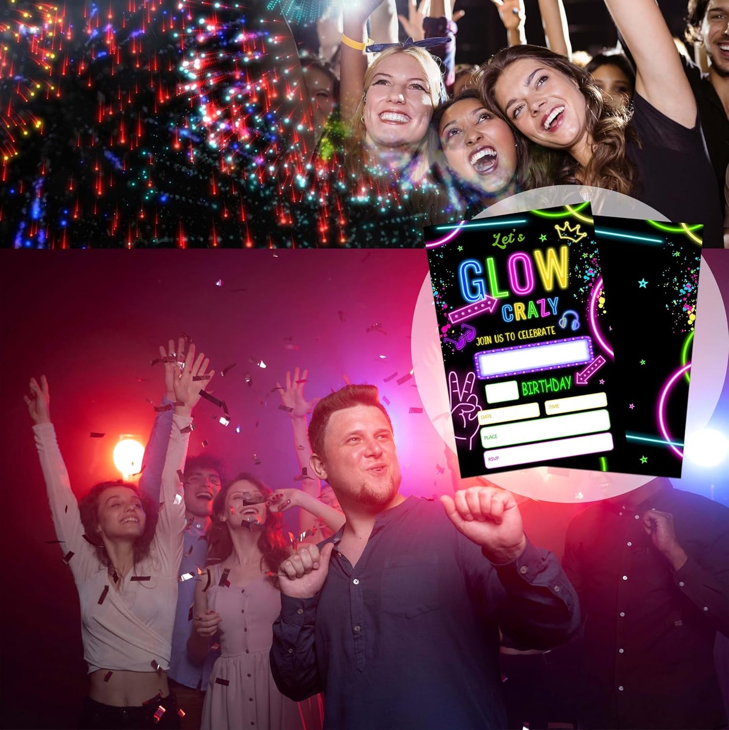 Let's Glow Crazy Birthday Invitations, 20 Invitation Cards with Envelopes, Retro Neon Theme Invites for Party Decorations Favor Supplies - A27