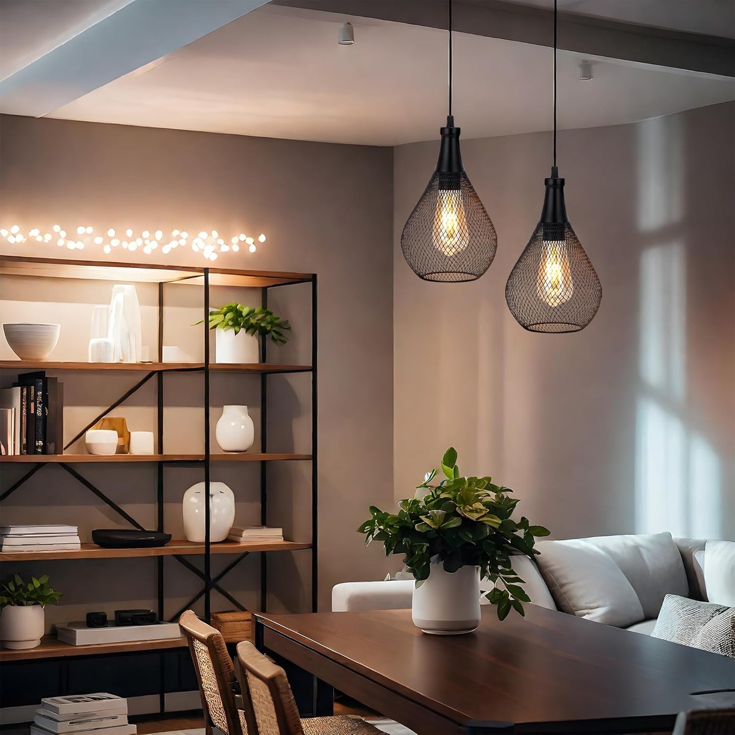 JHY DESIGN Hanging Lamp Set of 2 Battery Operated Cordless Lamps Metal Cage Pendant Light with 6 Hours Timer Great for Parties Patio Events for Indoors Outdoors(Teardrop Shape)