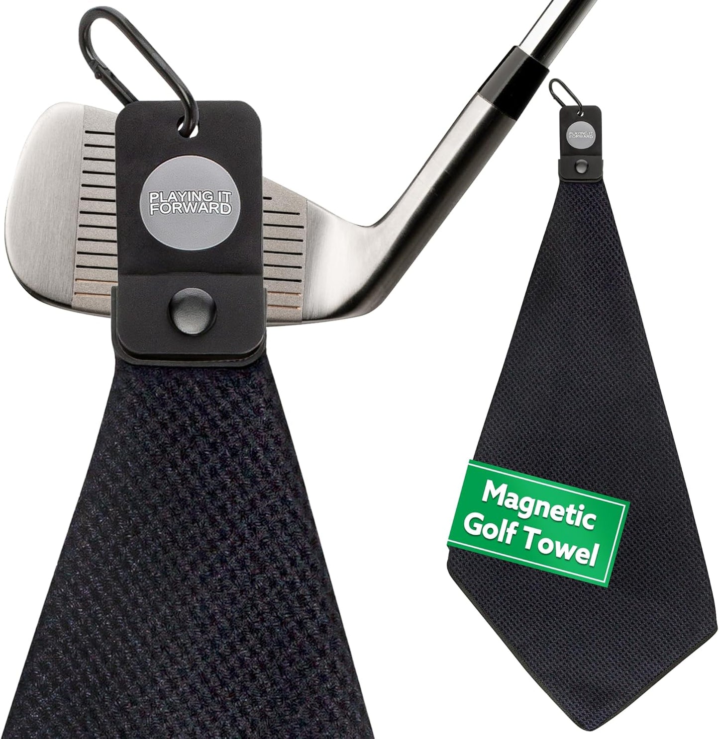 Magnetic Golf Towels for Golf Bags with Clip & Ultra Strong Magnet - Waffle Weave Microfiber Towel for Secure Hold on Bags & Carts - Ideal Club Cleaner & Accessories - Black