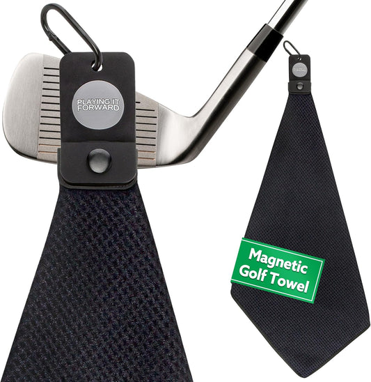 Magnetic Golf Towels for Golf Bags with Clip & Ultra Strong Magnet - Waffle Weave Microfiber Towel for Secure Hold on Bags & Carts - Ideal Club Cleaner & Accessories - Black
