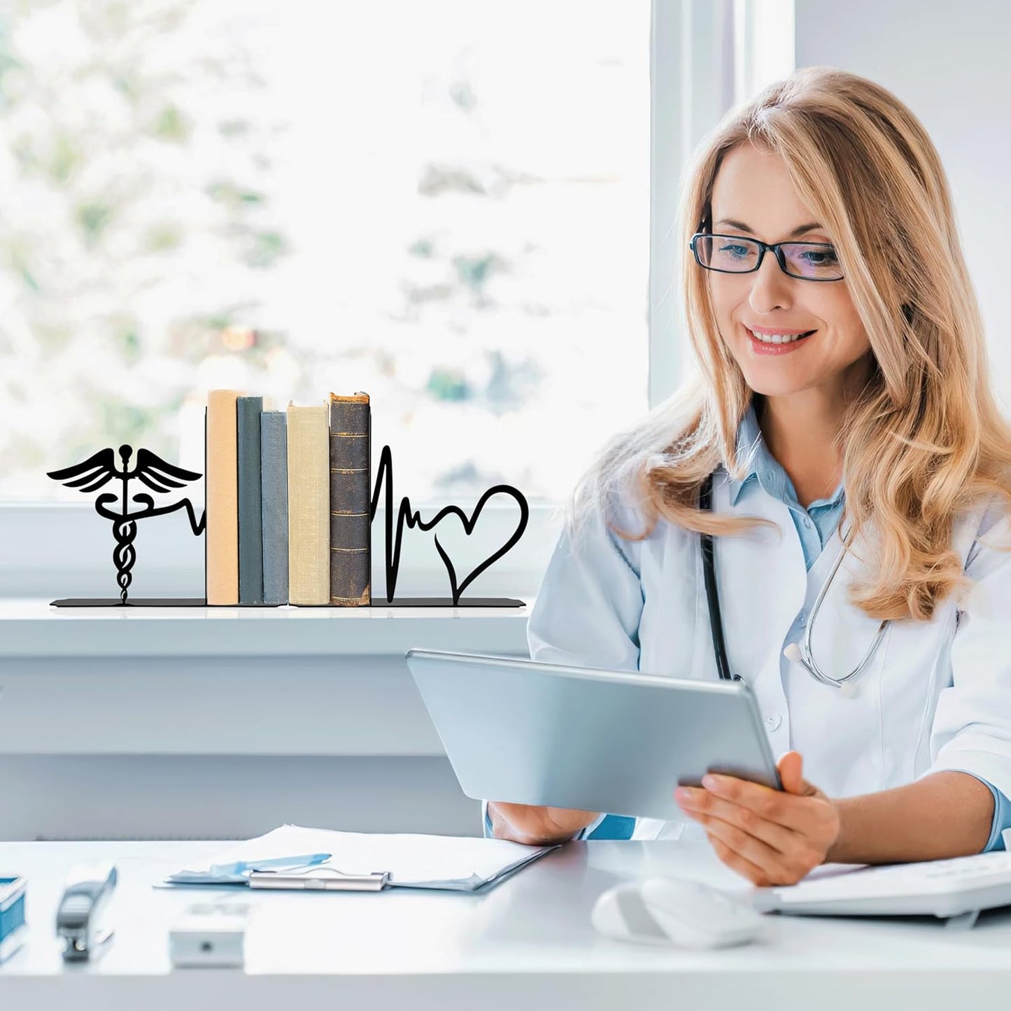 Medical-Themed Bookends for Shelves - Sturdy Office Decor for Clinics, Nurse Gifts & Study Decor, 7.1x1.2x6 Inch Bookshelf Decoration for Medical Professionals