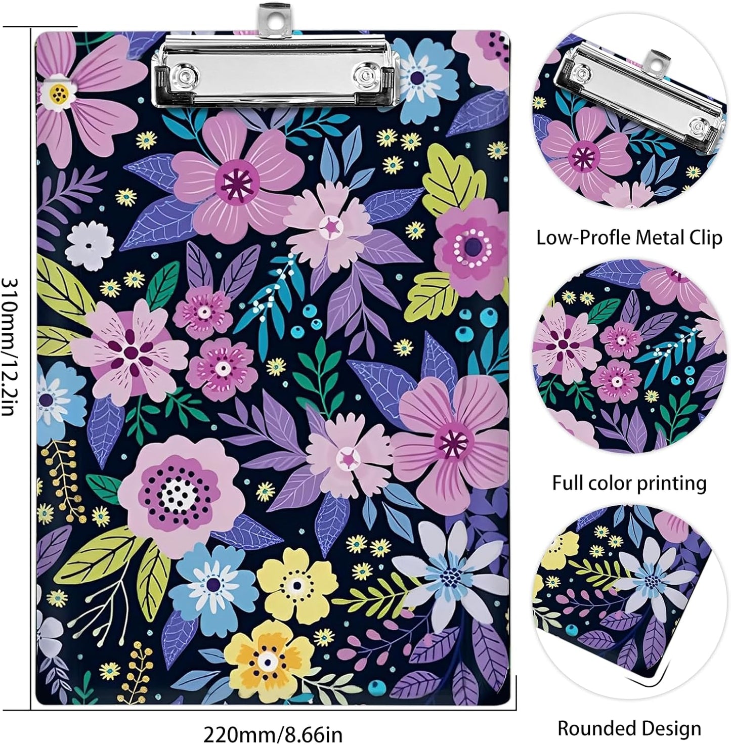 Plastic A4 Clipboards, Cute Fashion Clipboard Decorative, 12.2" x 8.7" Standard A4 Size Clipboards, Plastic Acrylic Clipboard for Teacher, Social Worker, Students,Women, Office Supplies(Flowers)