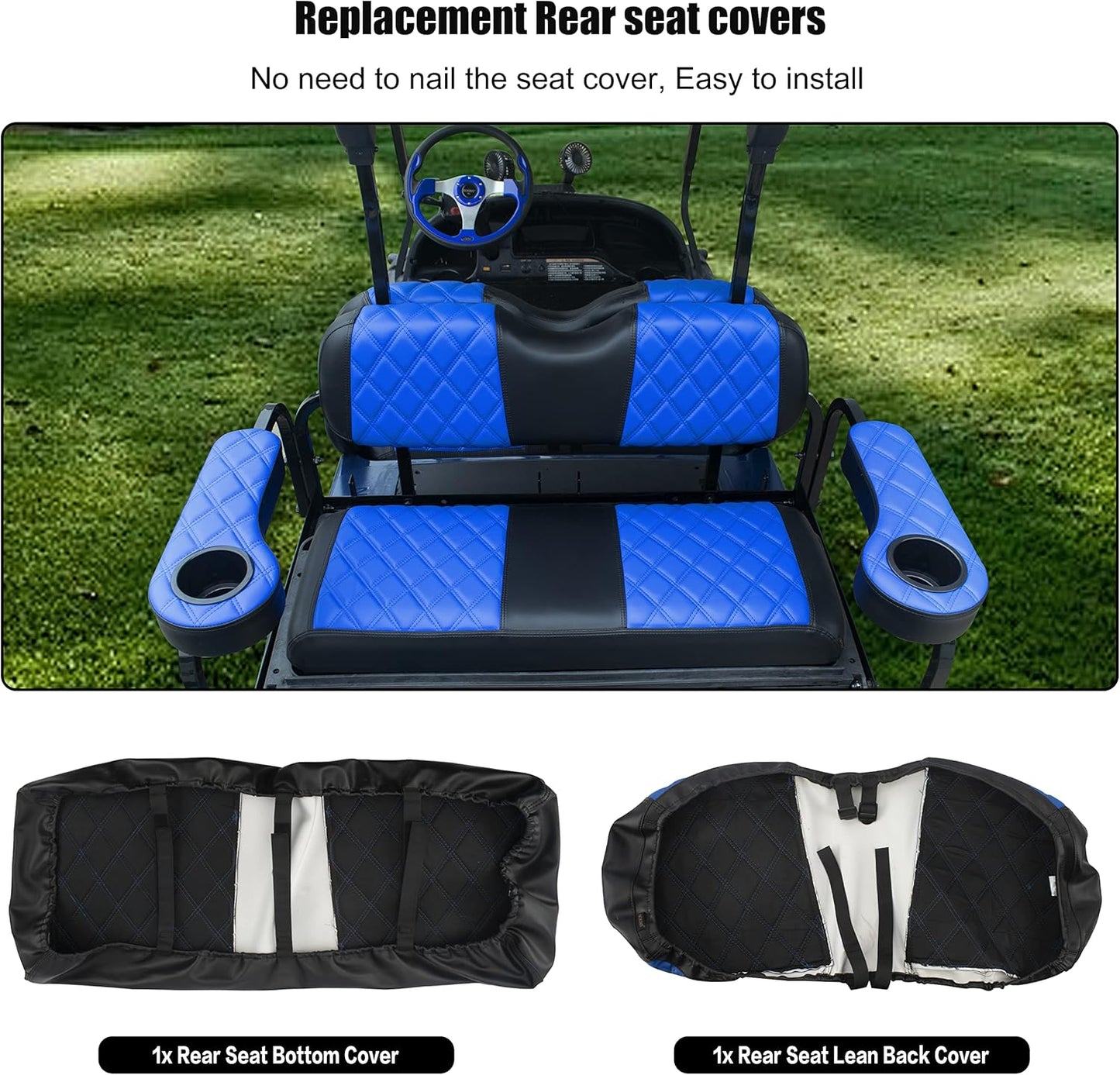 NOKINS Golf Cart Seat Covers Fit Club Car Precedent/DS/EZGO RXV/TXT/Yamaha Drive Aftermarket Standard Rear Seat Cushion, No Stapler, Multiple Colors&Breathable (Blue&Black)