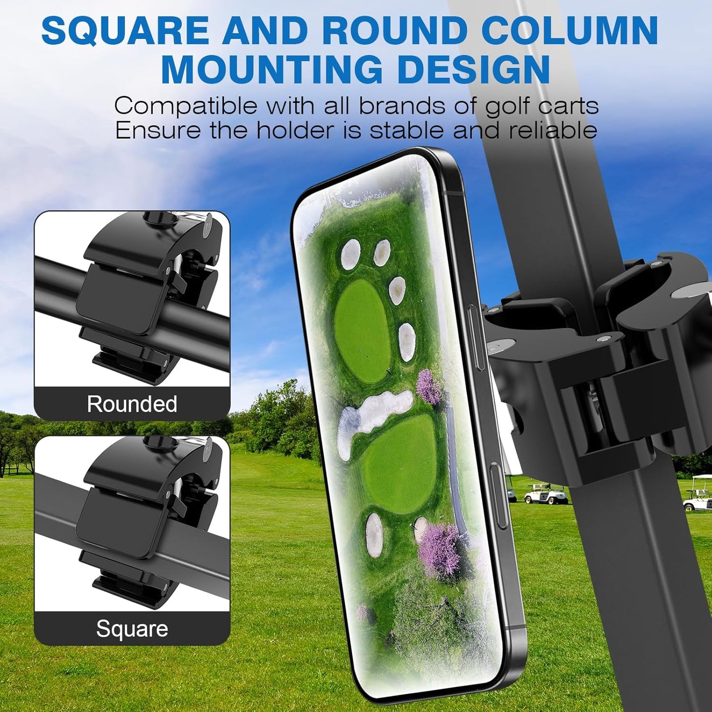Magnetic Golf Cart Phone Holder, Universal Square Post and Cylinder, Aluminum Metal Golf Phone Holder for MagSafe iPhone and Android Phones