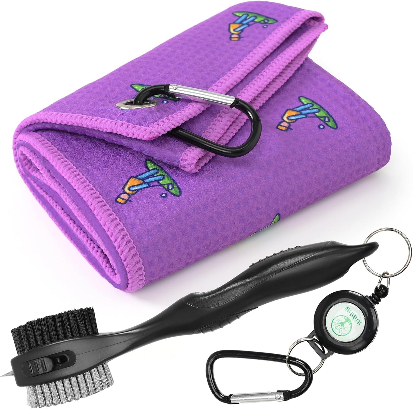 Mile High Life Golf Towels - Microfiber Waffle Pattern Tri-fold, Brush Tool Kit with Club Groove Cleaner with Retractable Cord and Clip, for Men Women, Golf Gift