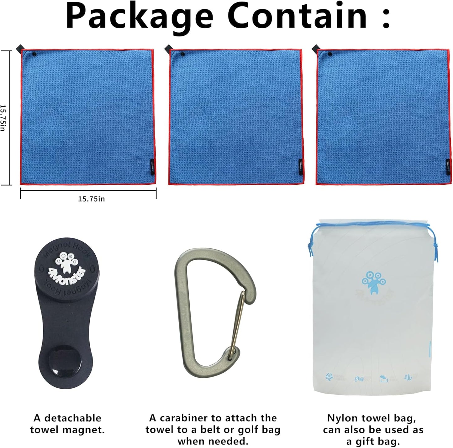 4Monster Golf Towels 3-Pack with Detachable Magnet and Portable Pouch, Quick-Dry Microfiber Golf Towel Set for Golf Bags,Custom Towel Gifts for Men or Women (3, Blue)
