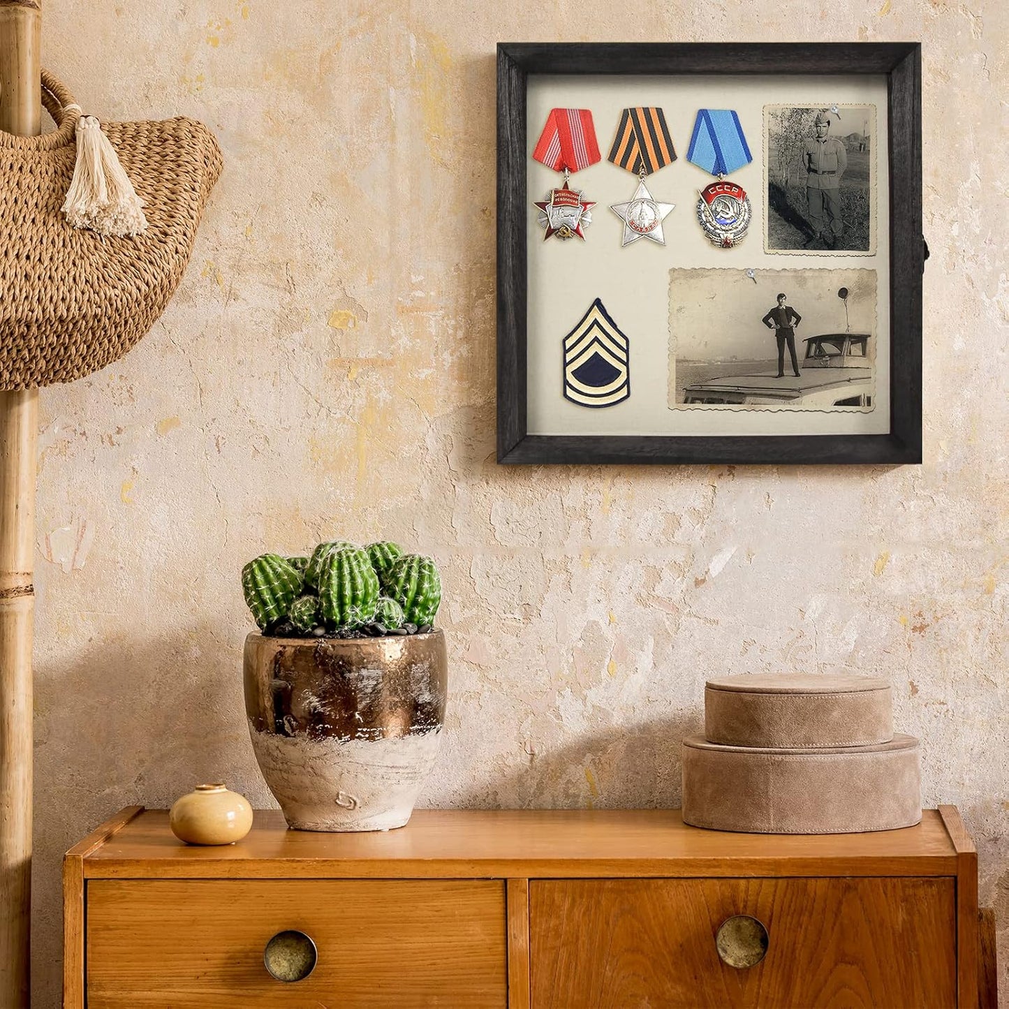 TJ.MOREE Flowers Shadow Box Display Case Large Shadow Box Frame with Glass Window Door Picture Frame Wedding Bouquet Memorabilia Medals Photos Memory Box for Keepsakes - (Rustic Black, 11 x 11 )