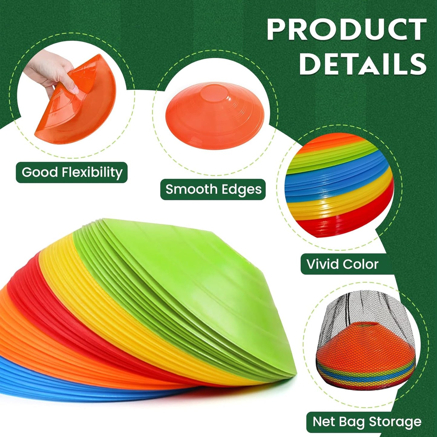 VOGRYE Disc Cones, 25/50/100 Pack, with Carry Bag, 5 Color, for Sports Training, Soccer, Football, Basketball, Coaching, Practice Equipment(25 Pack -5 Color)