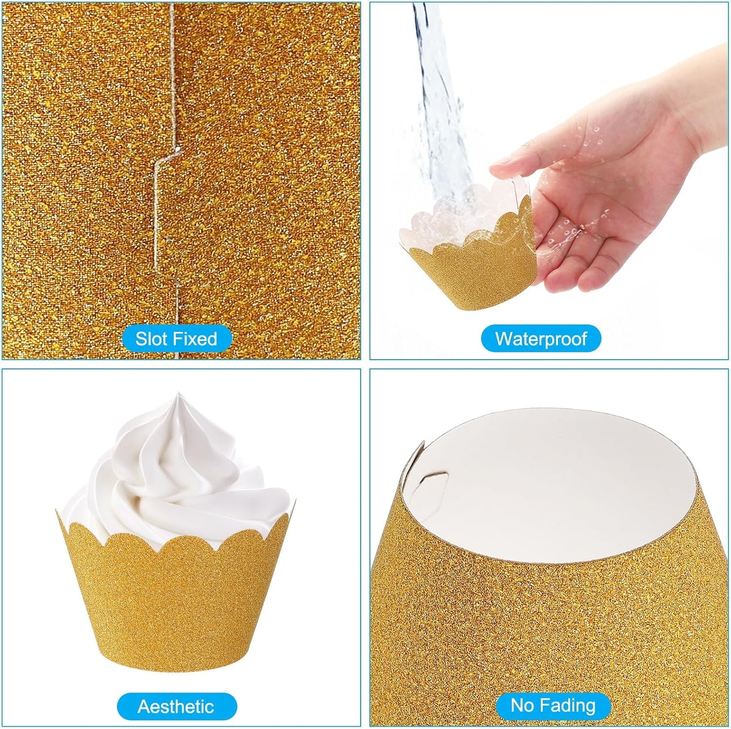 PATIKIL Cupcake Wrappers Paper, 50 Pack Baking Cups Standard Wave Decoration for Anniversary Birthday Weddings and Parties, Light Gold