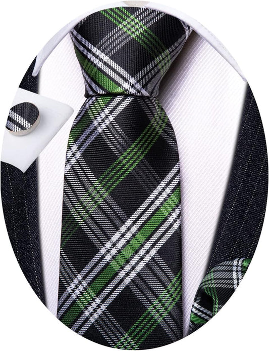 Barry.Wang Designer Classic Ties for Men Set Formal Pocket Square Cufflink Check Plaid