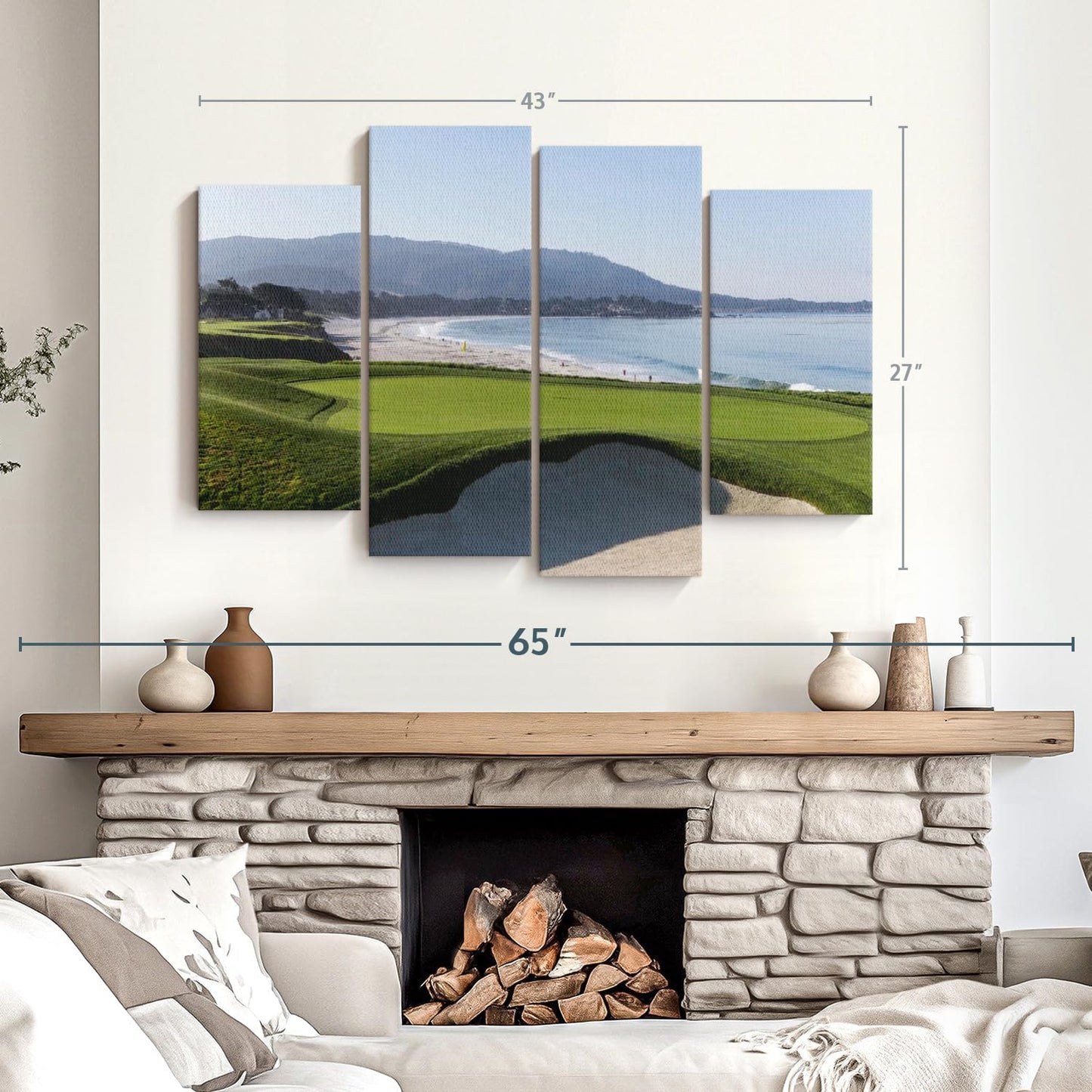 Elephant Stock Monterey CA Golf Course Wall Art - Horizontal Canvas - 4-Piece Living Room Wall Decor - Photography Sports Canvas Print - Blue and Green Decor for Wall - 43" X 27"