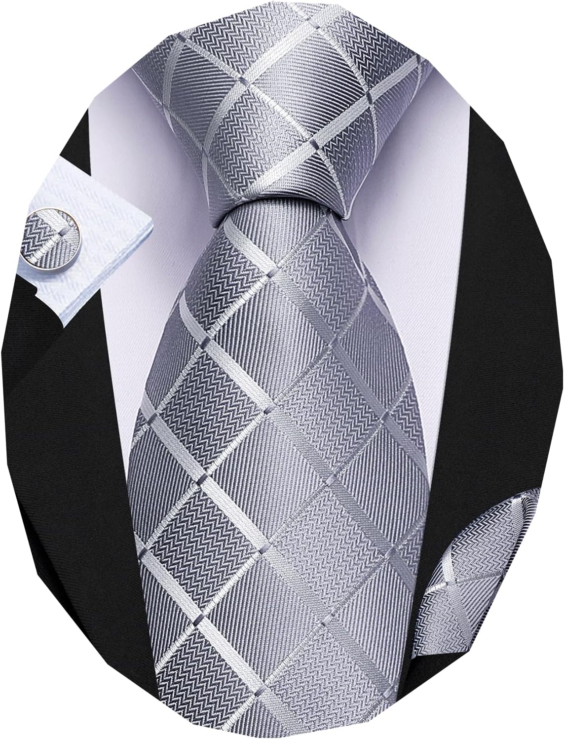 Barry.Wang Designer Classic Ties for Men Set Formal Pocket Square Cufflink Check Plaid