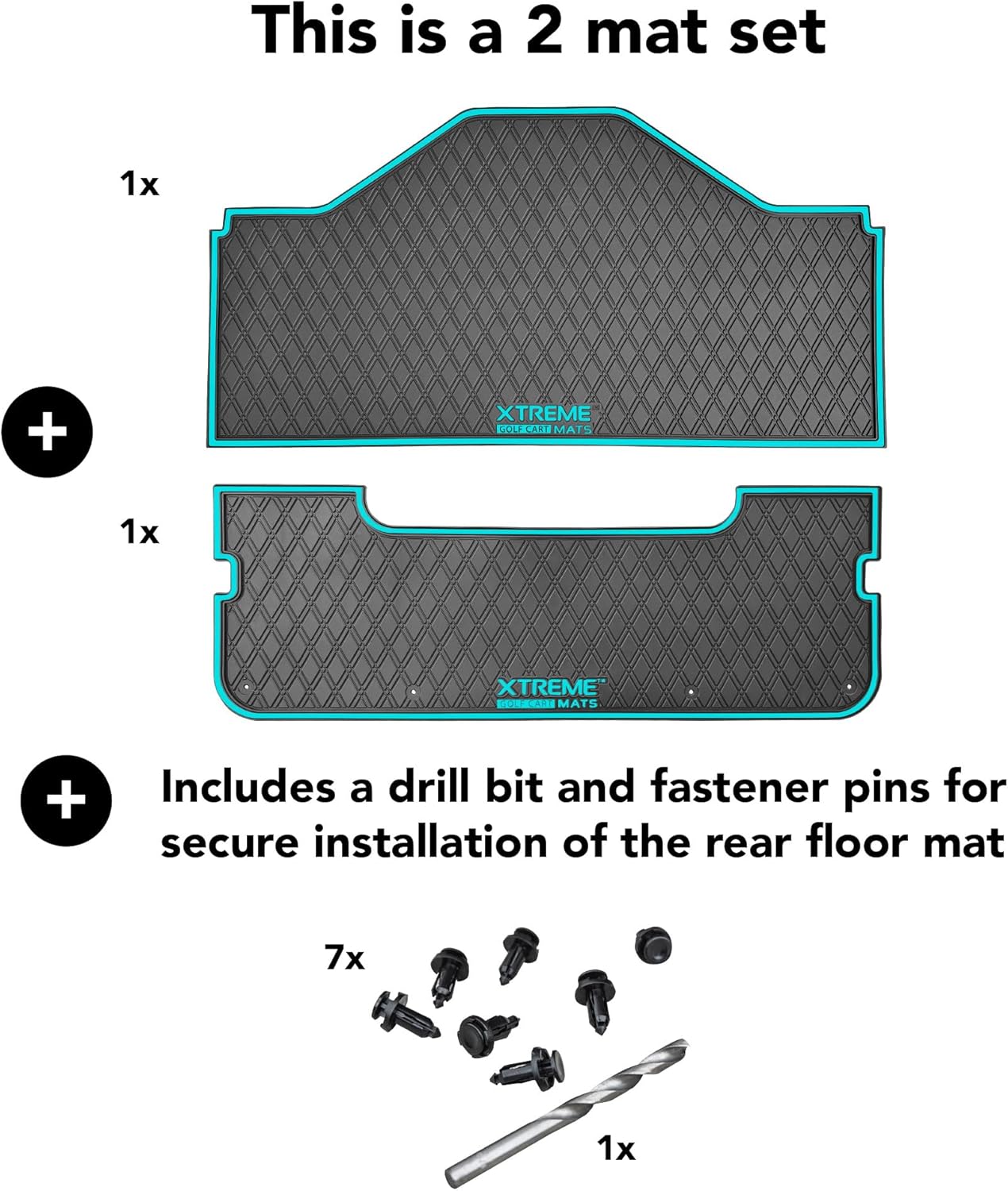 Evolution D5 Golf Cart Floor Mat Set- Rubber Double Diamond Design - Fits D5 2+2 (2 Forward + 2 Rear Facing) Including Evolution Maverick and Ranger Trims (Sky Blue Trim, D5 2+2 Front & Rear Facing)