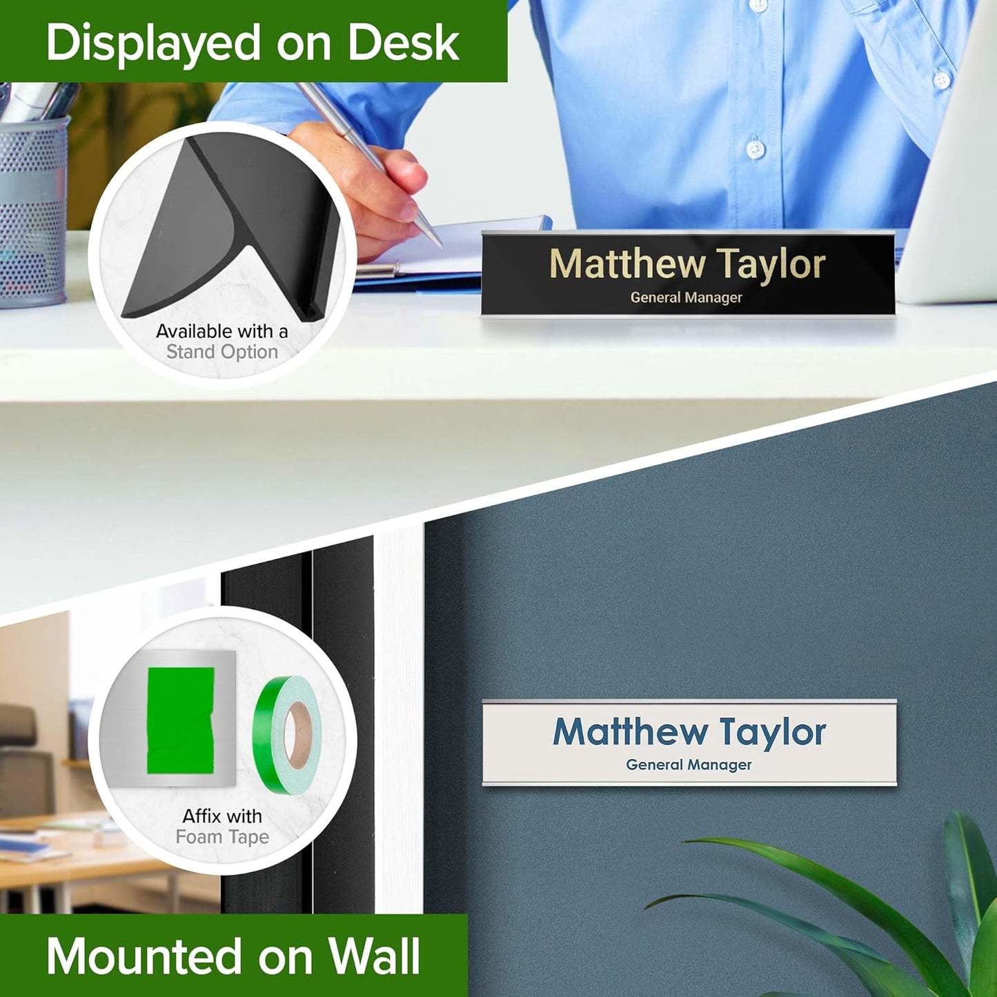 Name Plate for Desk, Personalized Plate, Custom Door Name Plate for Office Doors, Wall, Wall Holder, Laser Engraved, 2" x 10", 18 Color Options, Made in USA by My Sign Center.