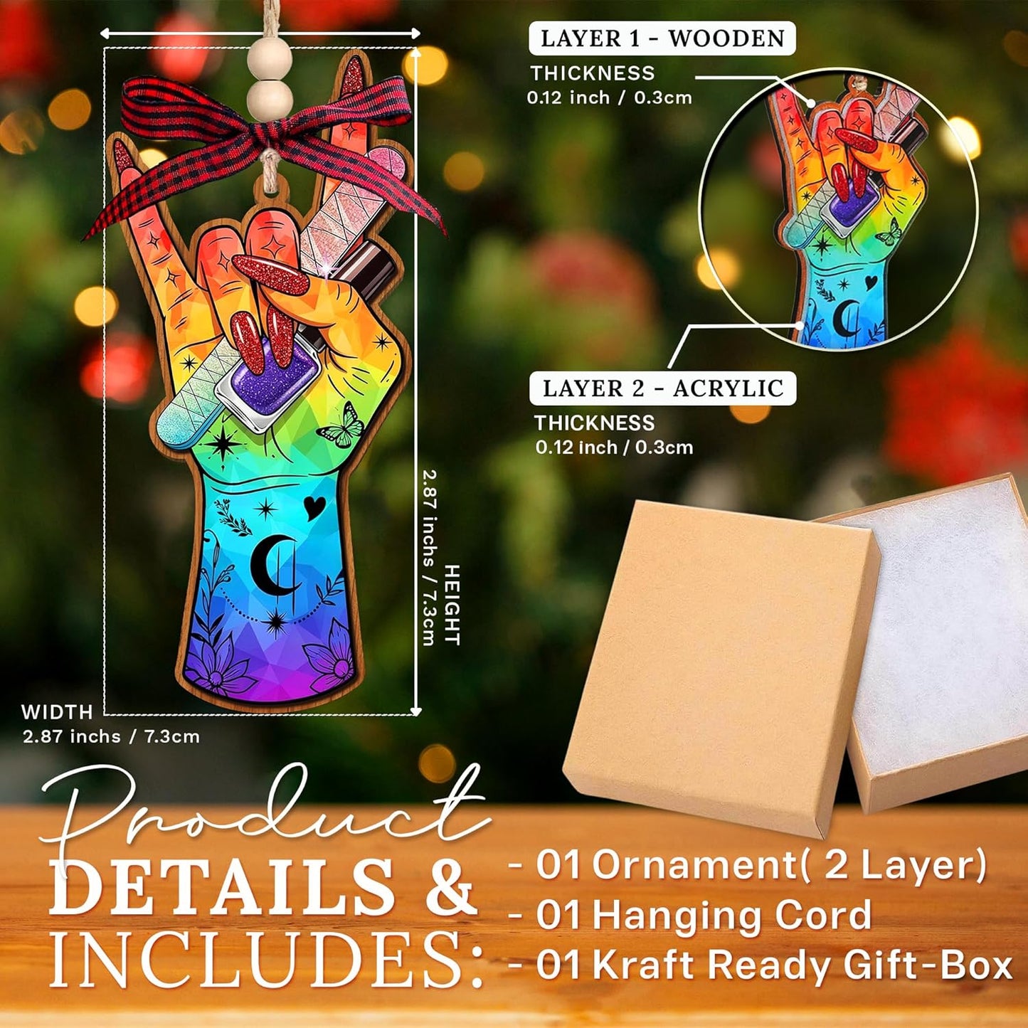 HEXMOZ Nail Tech Christmas Ornament - Nail Tech Gifts for Women - Christmas Ornaments for Nails Artist, Technicians, Lovers, Rock Style Holiday Decorations - Acrylic Wood Ornament for Tree