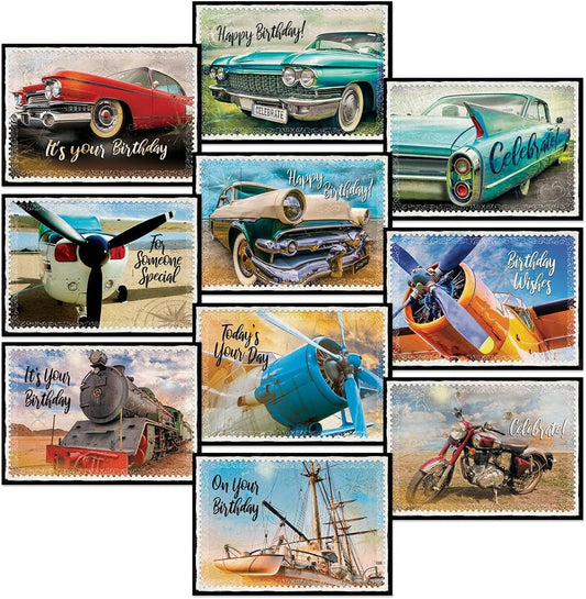 Current Vintage Transport Birthday Greeting Cards - Set of 20 (2 each of 10 Designs), 5 x 7 Inches, Sentiments Inside, Envelopes Included, Assortment Set