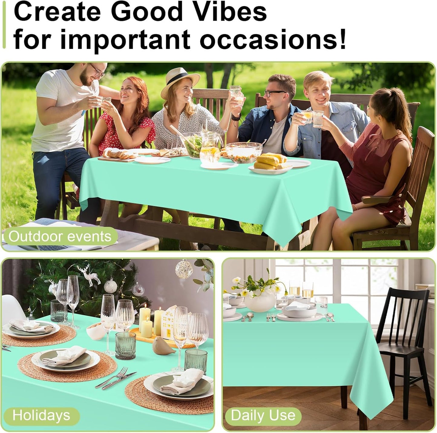 QIKSION Plastic Table Cloth Disposable 2 Pack, 54 x 108 Inch Tablecloths for Rectangle Tables, Fresh Mint Plastic Table Cover