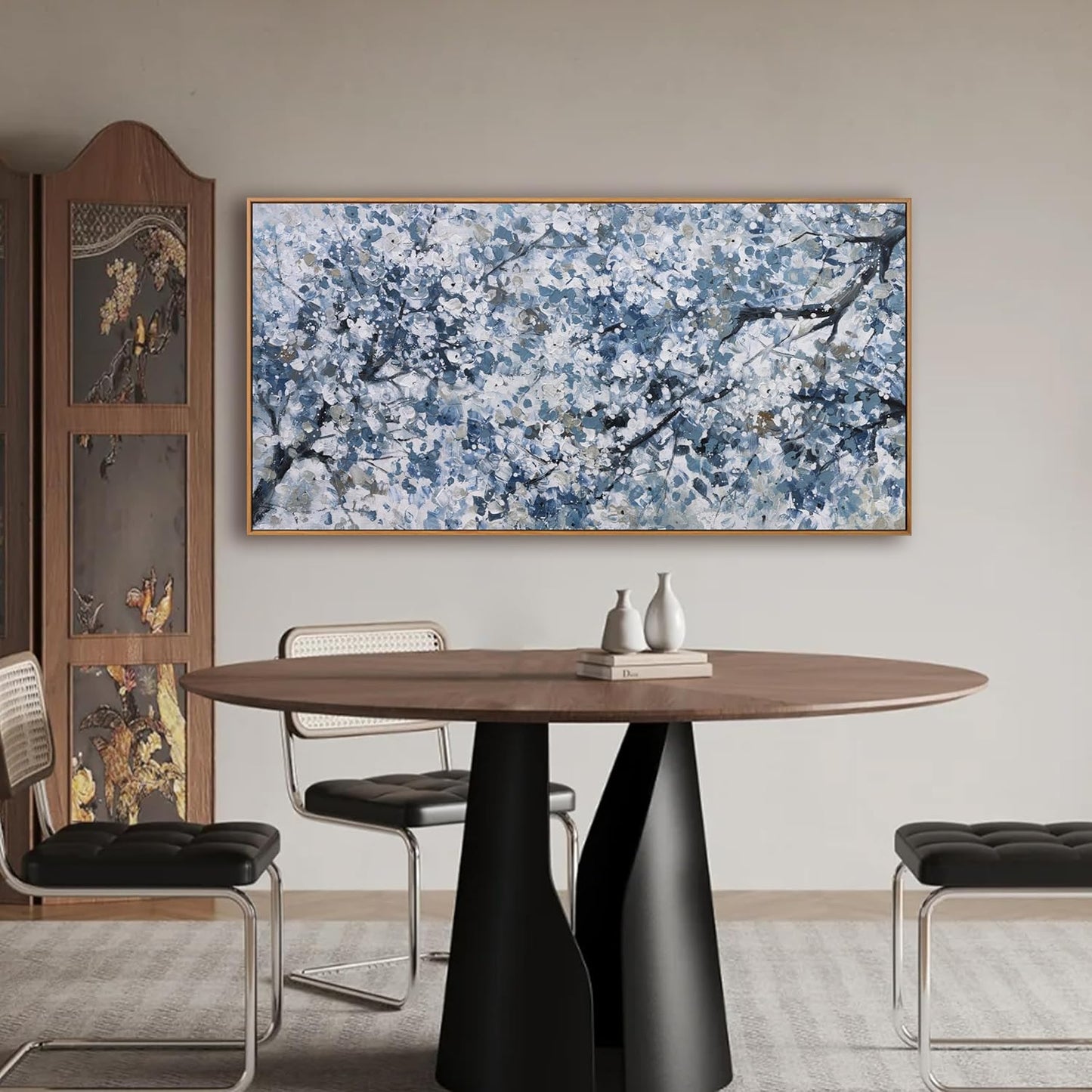 Canvas Wall Art Oil Painting Dark Blue And White Abstract Flower Tree Plants Wall Decor Pictures For Bedroom Canvas Botanical Wall Art Decorations Artwork For Living Room Home Office 20"×40"Framed