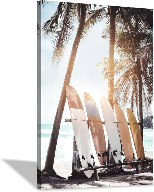 Hardy Gallery Palm Tree Wall Art Surfboard Pictures: Beach Scene Painting Coastal Wall Decor Seaside Artwork Surfing Ocean Print in Beach Canvas for Bedroom 36"x24"