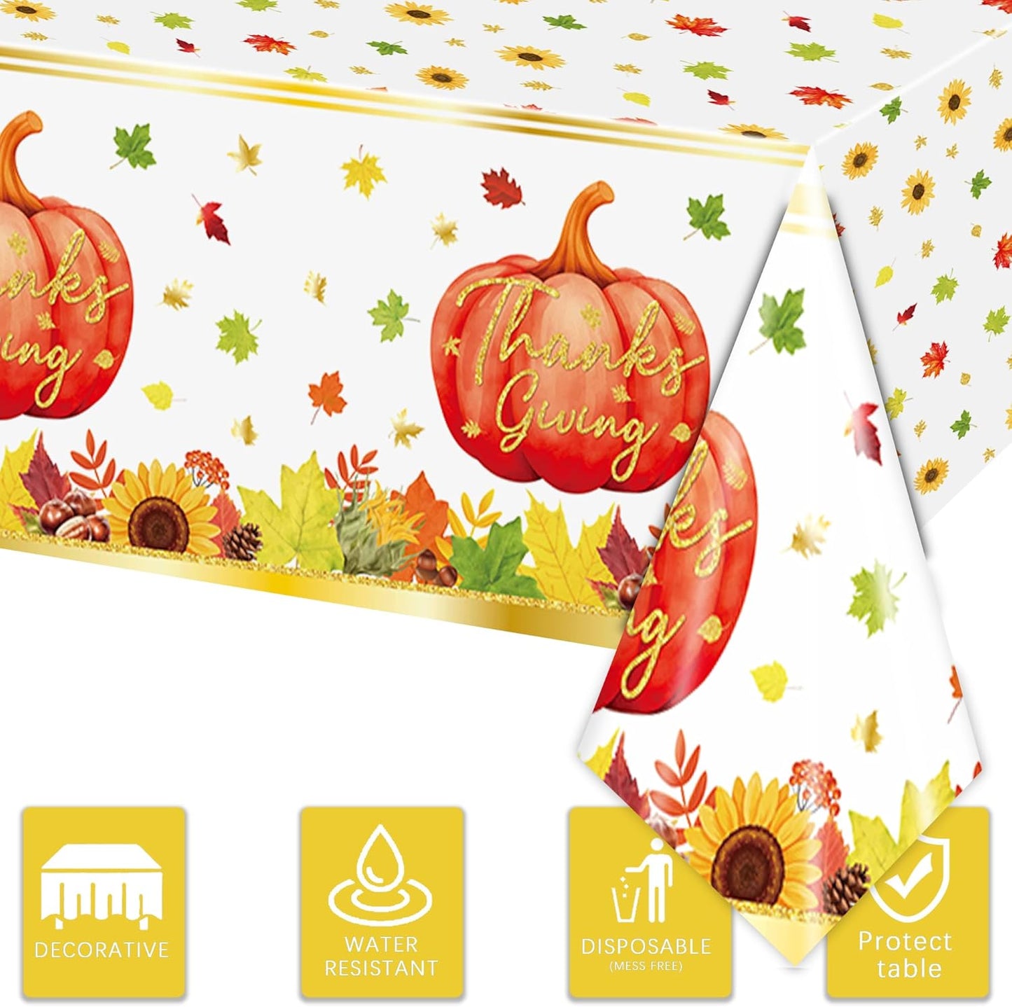 3 Pcs Fall Pumpkin Tablecloths, 54 * 108 Inch Thanksgiving Table Cover, Watercolor Pumpkin Maple Leaf Plastic Tablecloths for Fall Party, Thanksgiving Decorations
