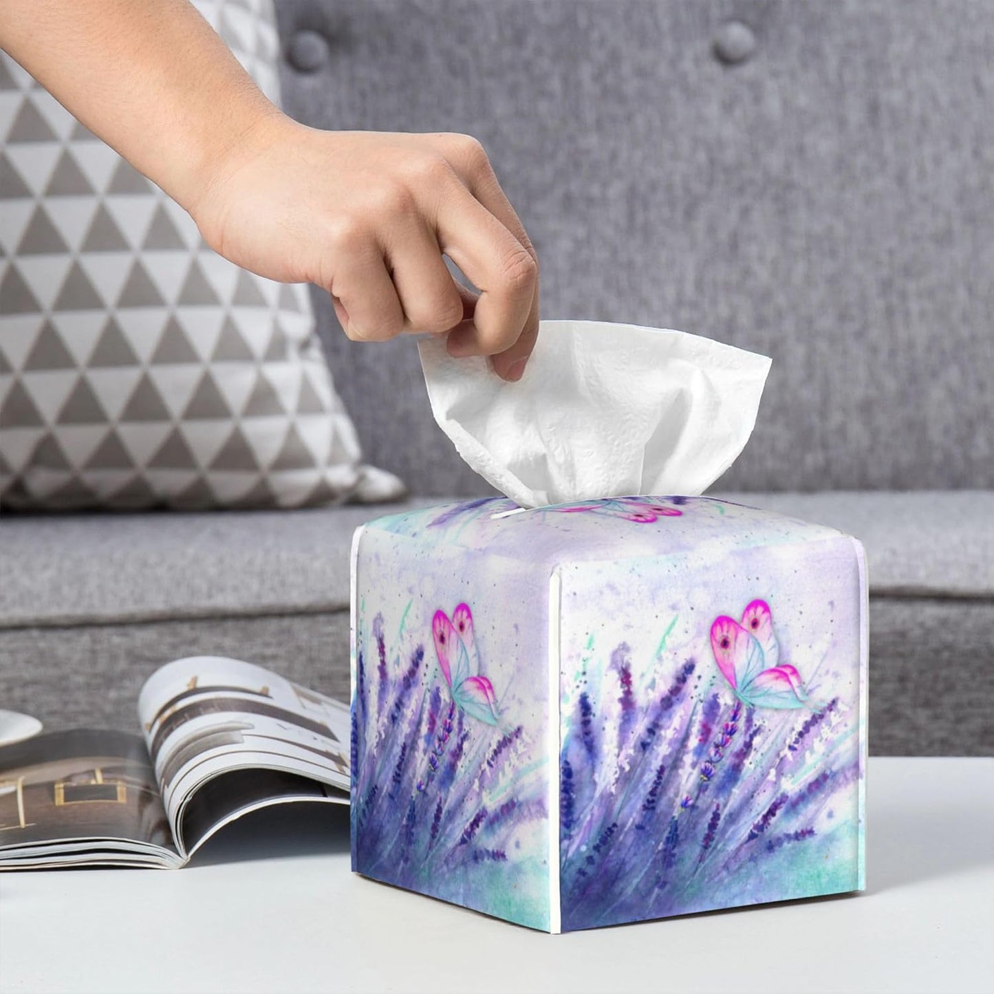 Purple Lavender and Butterfly Tissue Box Cover Square,Watercolor Lavender Flowers Tissue Box Holder Waterproof Leather Facial Paper Organizer Dispenser for Bathroom Home Car Nightstand Vanity Desk