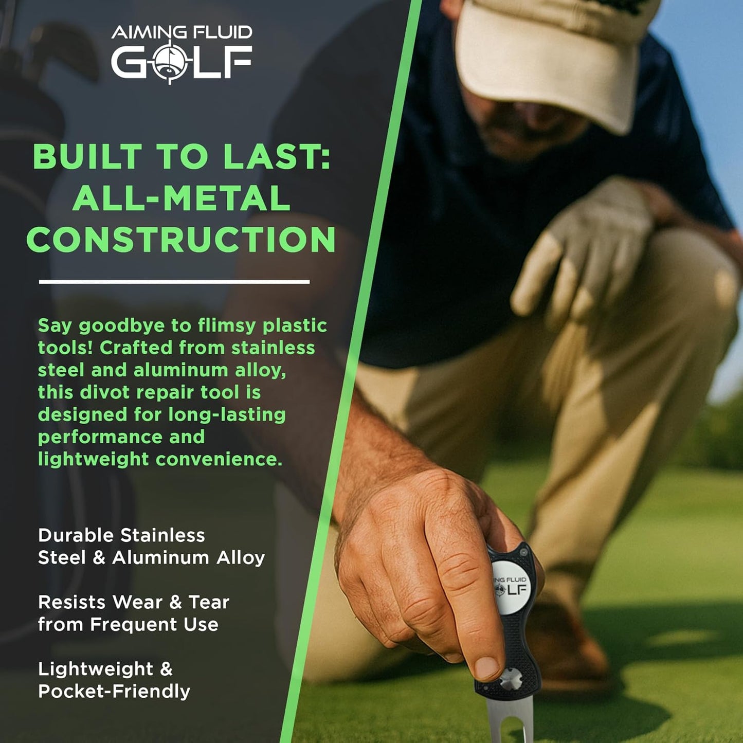 Golf Divot Repair Tool — 5-in-1 Golfing Ball Marker, Pitch Mark Repair, Putting Alignment, Club Tee, and Groove Cleaner, Accessory Metal Switchblade Design - Ideal Gift for Golfers