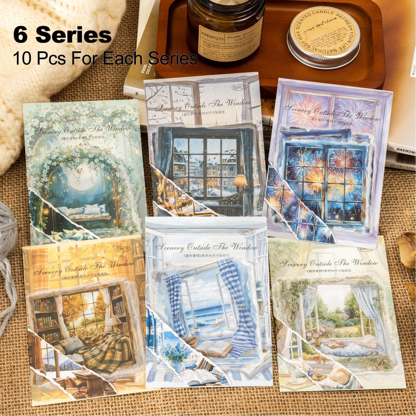 Window Scenery PET Sticker Set, 60Pcs Large Landscape Stickers for Scrapbooking, Journaling, Junk Journal Supplies, and DIY Crafts