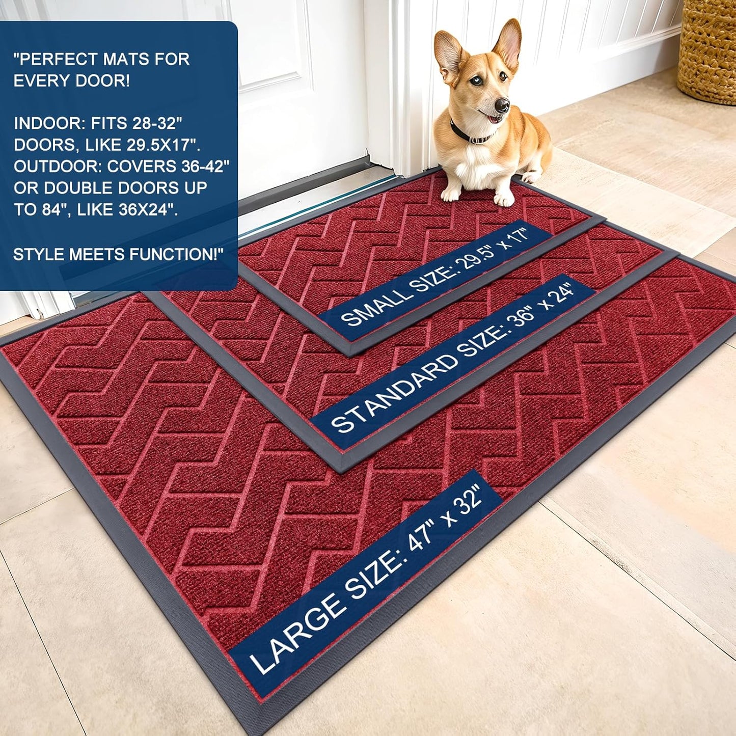 OLANLY Front Door Mat Indoor Outdoor Entrance, Waterproof All-Season, All-Weather Doormat, Sturdy Natural Rubber, Low Profile, Easy Clean Patio Porch Entryway Mat, Herringbone Brick (Wine Red, 36x24)