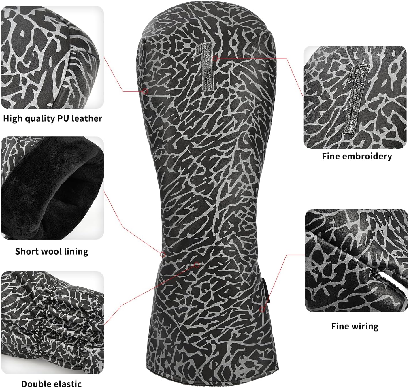 Golf Driver Head Covers 3-Pack for Men & Women - Premium PU Leather with Elephant Embroidery, Double Elastic Band (Driver/Fairway/Hybrid), Waterproof & Durable - White Grey or Black Grey