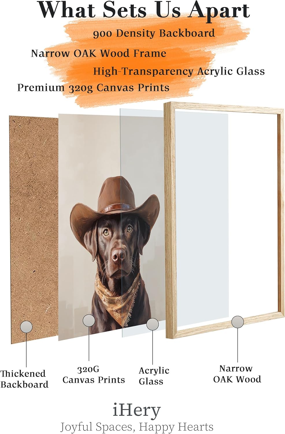 iHery Natural OAK Wood Labrador Dog Cowgirl Hat Framed Wall Art, 12x16 in Neutral Aesthetic Western Trendy Canvas Wall Art Decor For Bedroom, Funky Cute Dog Prints Bathroom Living Room Set of 1