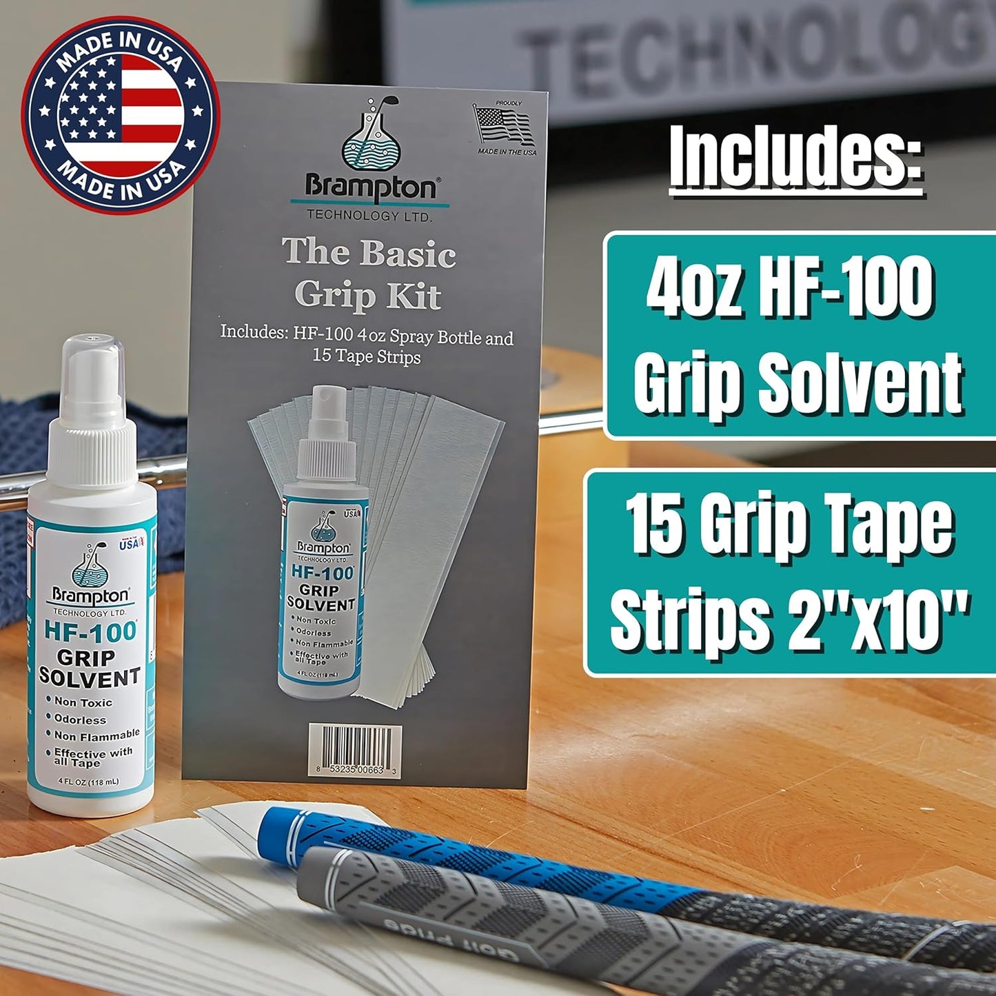 Brampton Basic Golf Grip Kit for Golf Club Regripping - 15 Premium 2"x10" Golf Grip Tape Strips, & 4 oz HF-100 Non-Toxic, Non-Flammable, Odorless Golf Club Grip Solvent