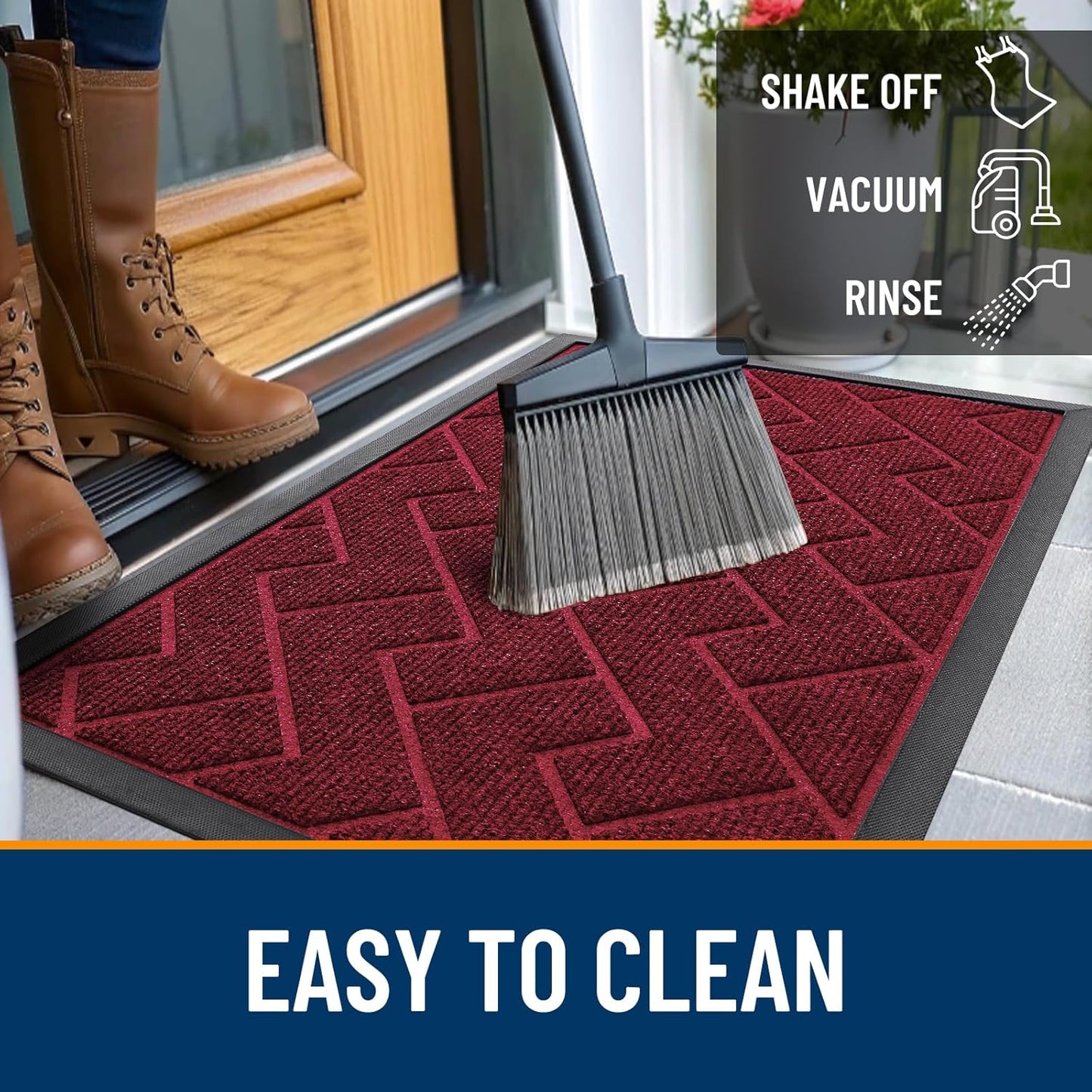 OLANLY Front Door Mat Indoor Outdoor Entrance, Waterproof All-Season, All-Weather Doormat, Sturdy Natural Rubber, Low Profile, Easy Clean Patio Porch Entryway Mat, Herringbone Brick (Wine Red, 59x35)