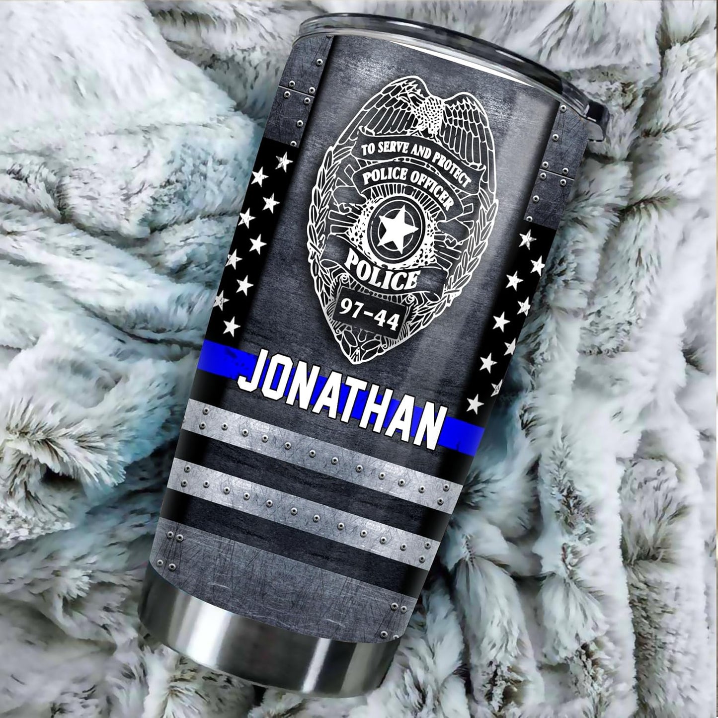 Police Officer Gifts - Custom Name Badge Number Thin Blue Line Lives Matter Flag Tumbler - Police Academy Graduation Retirement Birthday Gifts - 20oz Tumbler With Lid