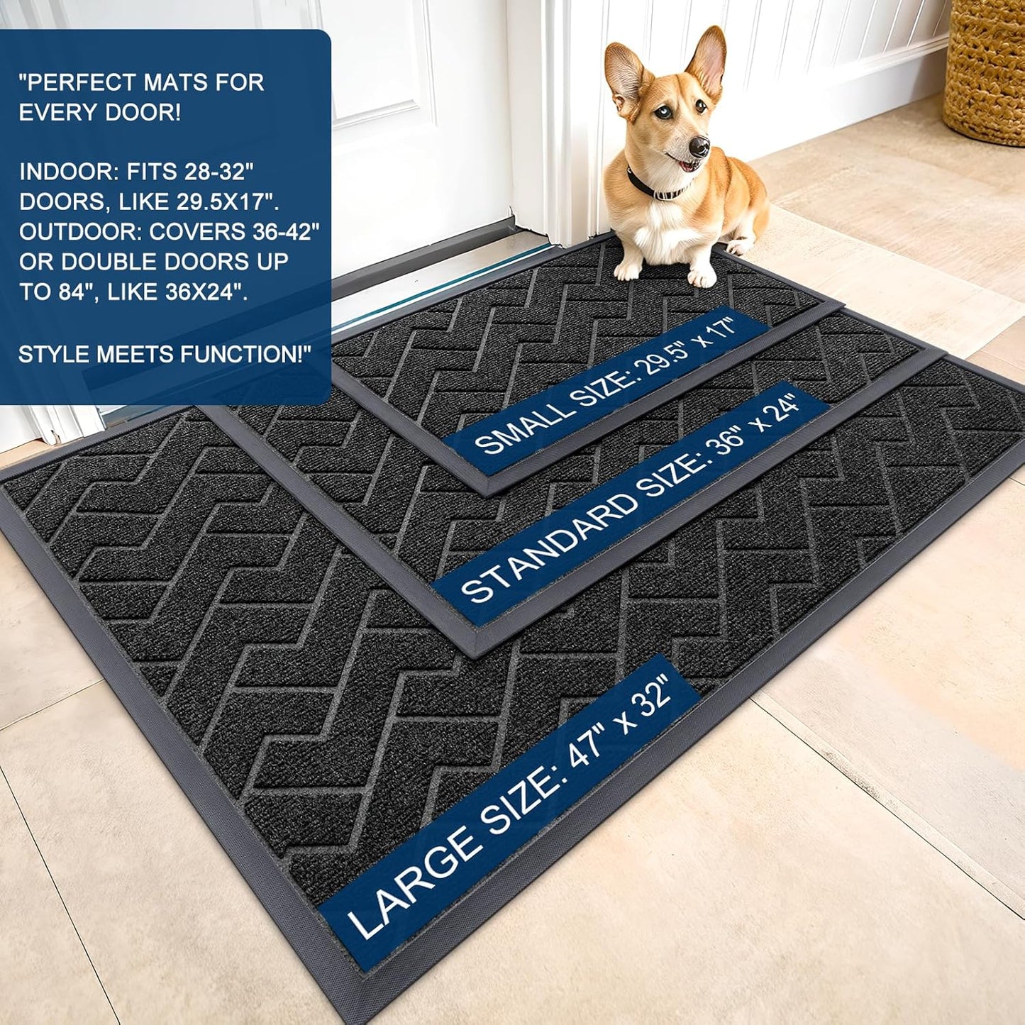 OLANLY Front Door Mat Indoor Outdoor Entrance, Waterproof All-Season, All-Weather Doormat, Sturdy Natural Rubber, Low Profile, Easy Clean Patio Porch Entryway Mat, Herringbone Brick (Black, 36x24)