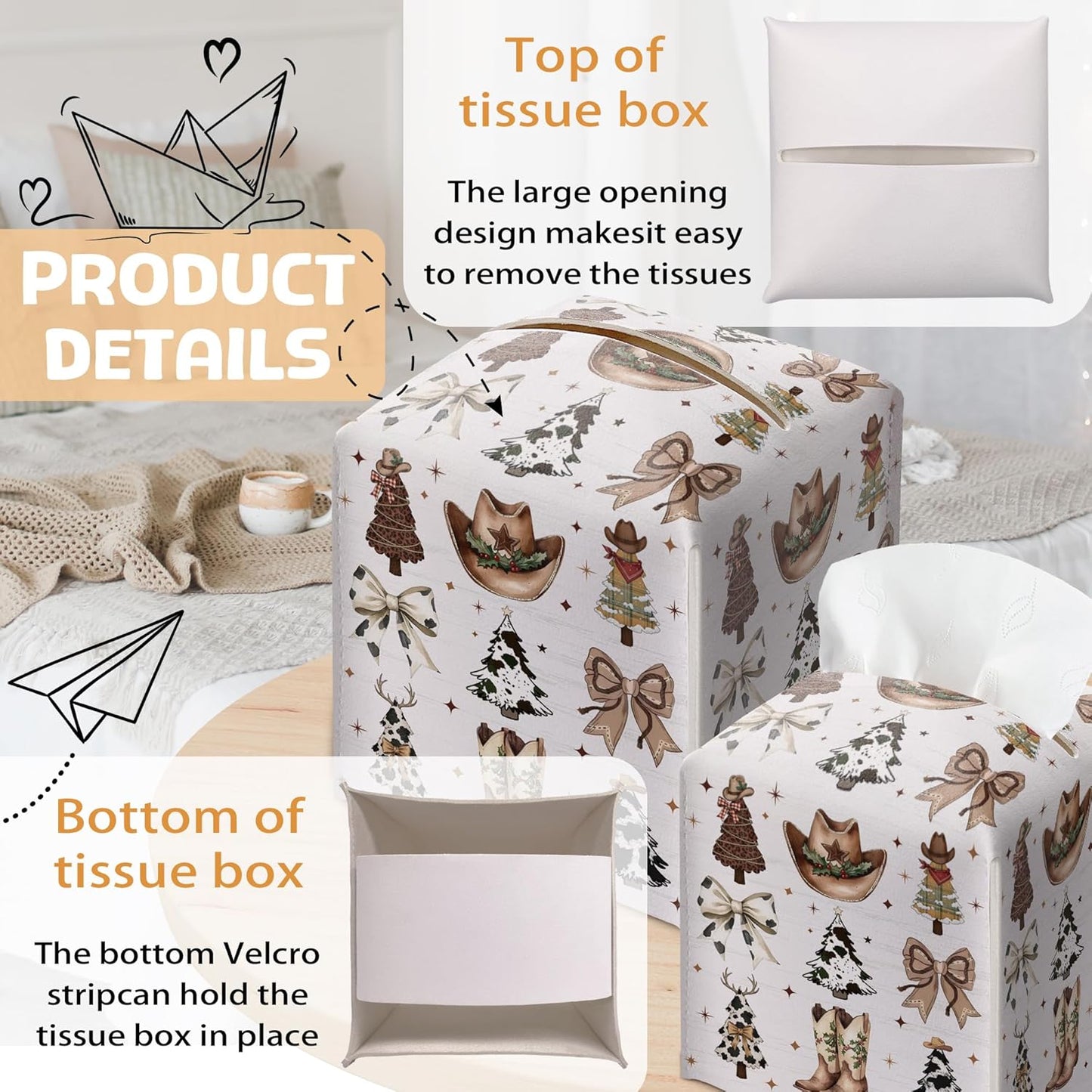 Country Christmas Tissue Box Holder, Cowgirl Boots Hat Christmas Trees Leather Tissue Box Cover Square, Paper Facial Decorative Tissues Cover for Bathroom Kitchen Office Home Decor-B33