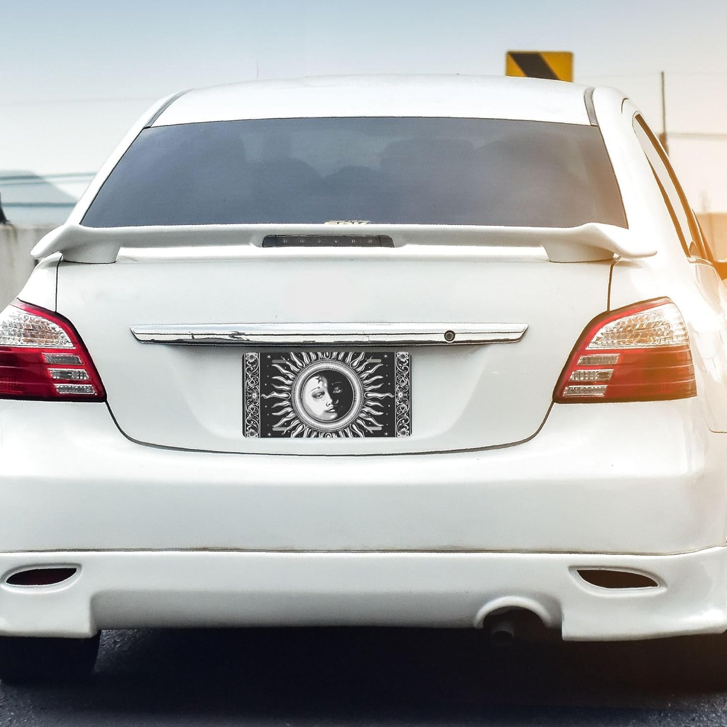 Front License Plate for Car Designs Ethnic Yinyang Sun Moon Stainless License Plate Cover Holder for Men Women Metal Aluminum Decorative Accessory Vanity Tag Standard 6 X 12 Inch (4 Holes)