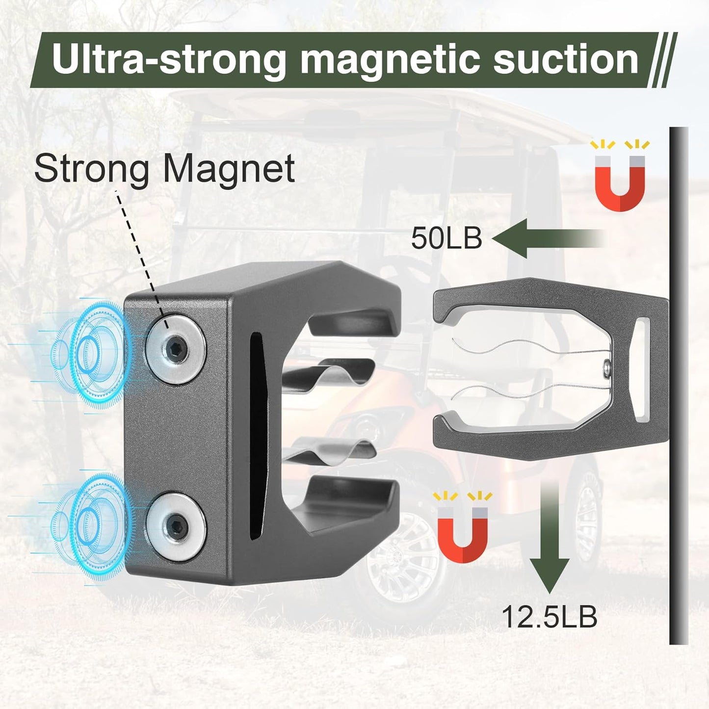 JIAYAN Magnetic Holder for Golf Cart Aluminum Alloy & Stainless Steel Clip Equip with Loop Strap Fit for Golfing, Fishing, Grilling, Camping Golf Accessory for Golf Lovers (Gray)
