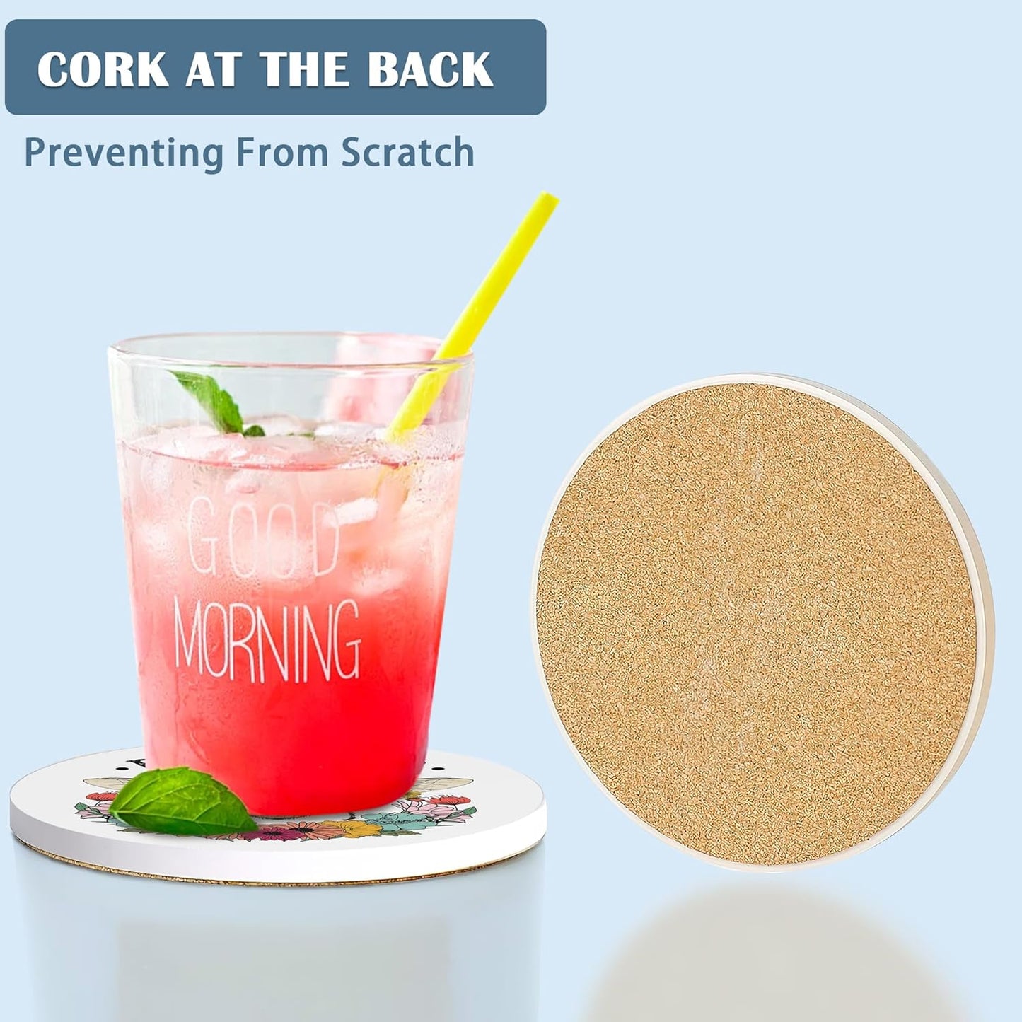 Coasters for Drinks,Bee Kind Wild Flower Absorbent Coaster Set of 4 with Cork Base,Ceramic Drink Coasters for Cold Drinks Wine Glasses Cups Mugs,Housewarming Gifts for Home Decor