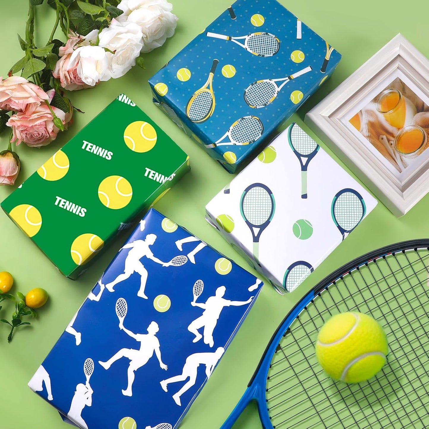 Tennis Wrapping Paper 12 Sheets Sports Tennis Racket Wrapping Paper Tennis Ball Gift Wrap for Birthday,Team Celebration Gifts Packing Paper - 20" x 28"
