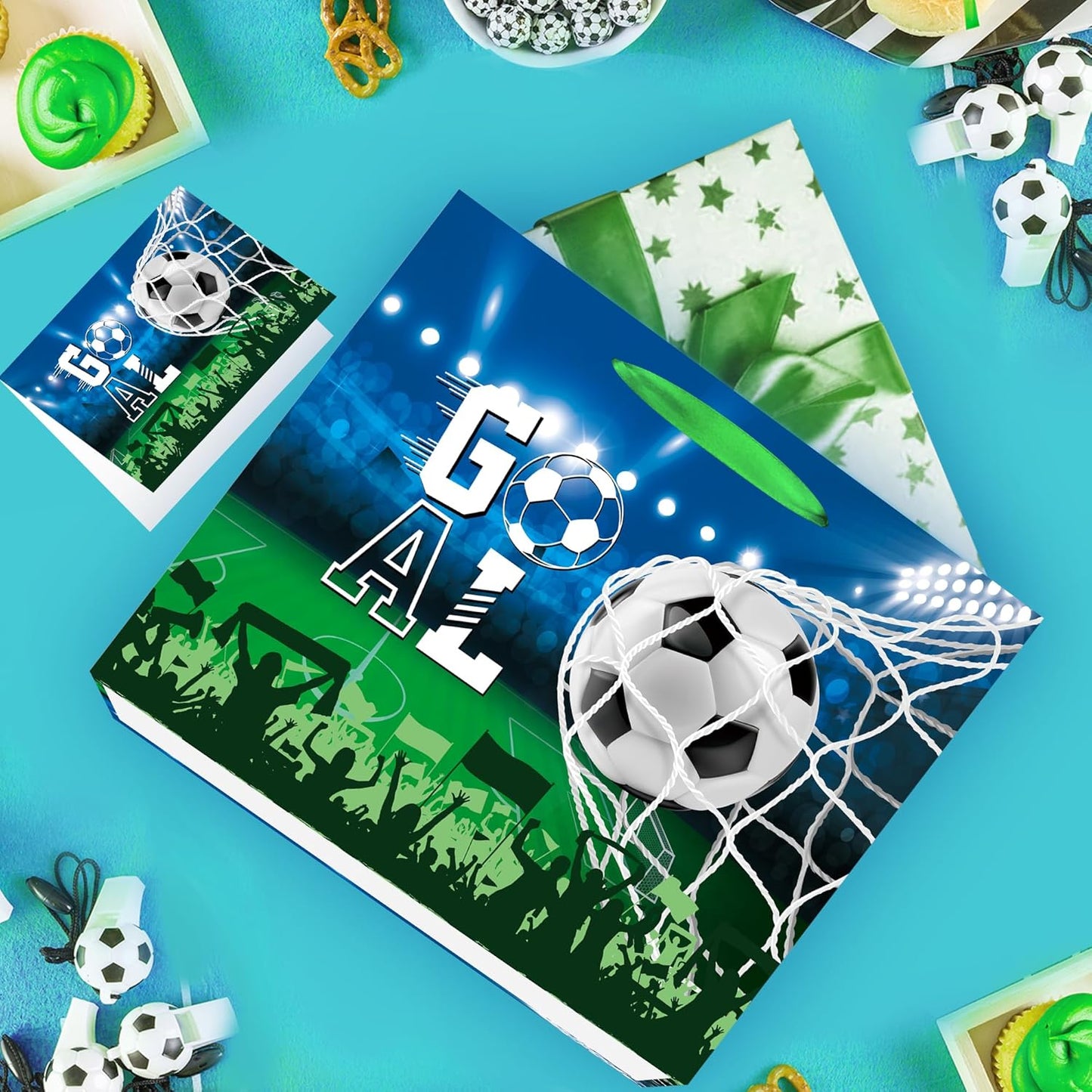 EoBeCy Large Soccer Gift Bag: Goal Wrapping Paper Gift Bags with Handles, Tissue Paper and Greeting Card, Reusable Birthday Gifts for Boys Kids Teens Men Team Sports Party Favor Bags
