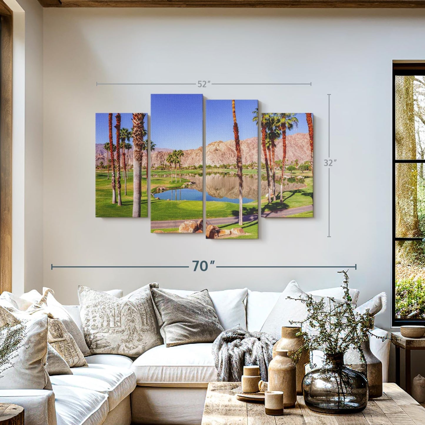 ElephantStock La Quinta Golf Course Wall Art - Horizontal Canvas - 4-Piece Living Room Wall Decor - Photography Sports Canvas Print - Beige and Brown Decor for Wall - 52" X 32"