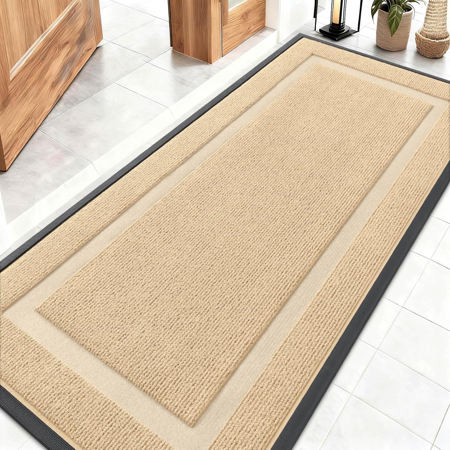 OLANLY Front Door Mat Indoor Outdoor Entrance, Waterproof All-Season, All-Weather Doormat, Sturdy Natural Rubber, Fade Resistant, Low Profile, Easy Clean Patio Porch Entryway Mat, 59x23, Beige